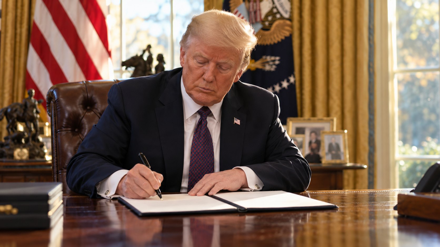 Ilustración editorial generada con IA: Donald Trump firma una orden ejecutiva en el Resolute Desk del Despacho Oval, con la bandera de Estados Unidos detrás; no es una fotografía de la firma real