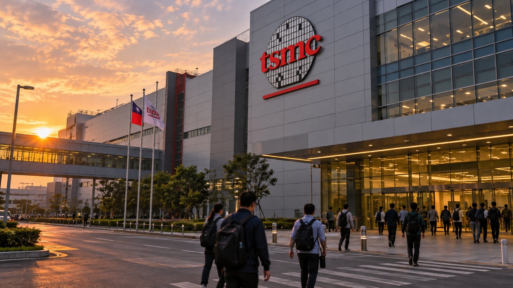 Ilustración editorial generada con IA: la entrada de una fábrica de TSMC en Taiwán al atardecer, con el logo rojo de TSMC en la fachada, banderas y empleados con mochila que cruzan la calle; composición conceptual, no es una fotografía de una planta real.