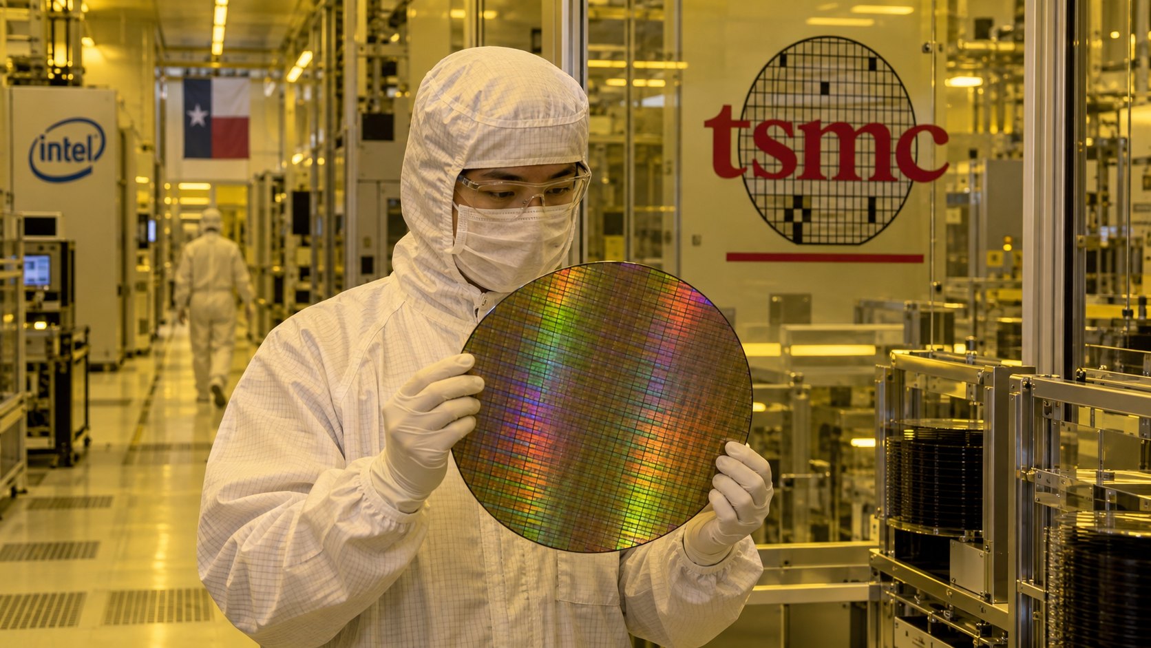 Ilustración editorial generada con IA: un ingeniero con traje de sala limpia sostiene una oblea de silicio frente a una pared de vidrio con el logo de TSMC y, más atrás, un panel con el logo de Intel; composición conceptual, no es una fotografía de Terafab ni de una planta real.