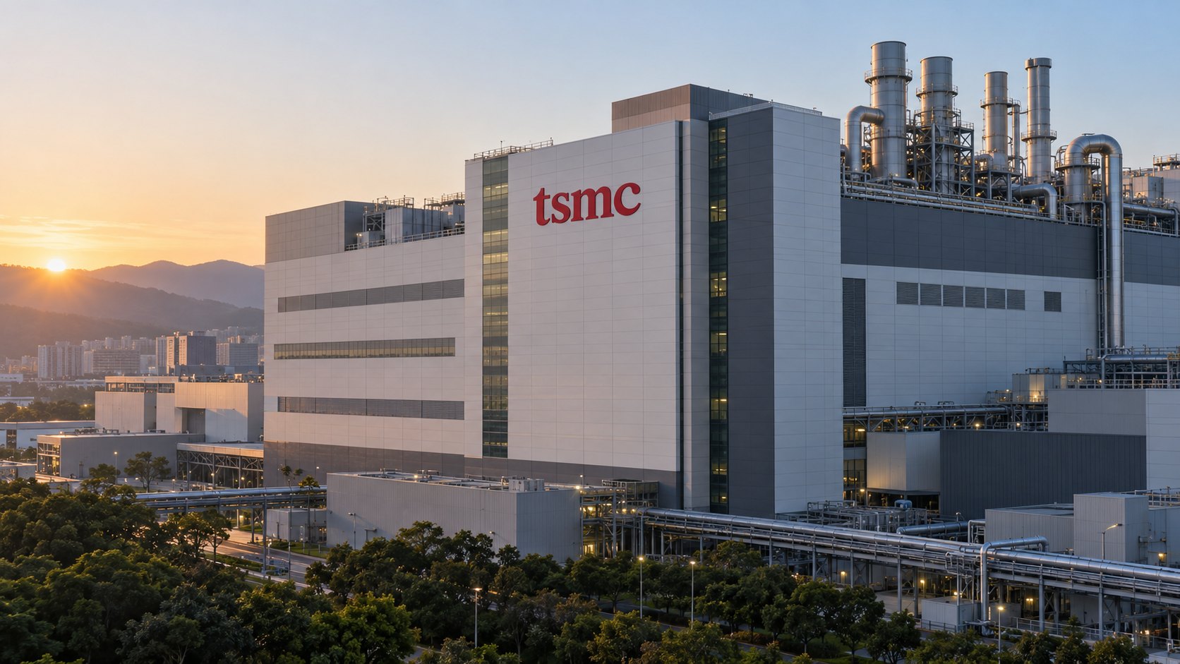 Ilustración editorial generada con IA: el exterior de una fábrica de semiconductores de TSMC en el parque científico de Hsinchu, Taiwán, al amanecer: un edificio industrial blanco y gris con el logotipo rojo de tsmc en la fachada, chimeneas y conductos sobre el techo y montañas al fondo; composición conceptual, no es una fotografía de una planta real ni del día del anuncio.