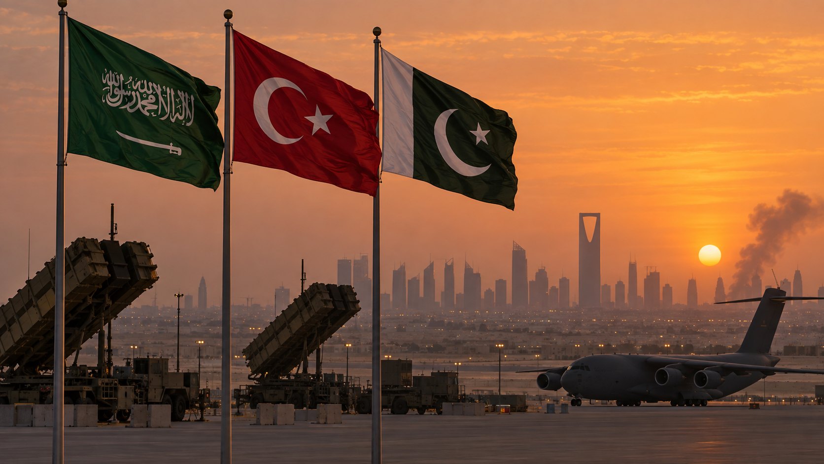 Ilustración editorial generada con IA: las banderas de Arabia Saudita, Turquía y Pakistán flamean juntas en una base aérea en las afueras de Riad al atardecer, con una batería de defensa antiaérea y un avión de transporte militar detrás y el skyline de la ciudad en el horizonte; composición conceptual, no es una fotografía de un despliegue real.