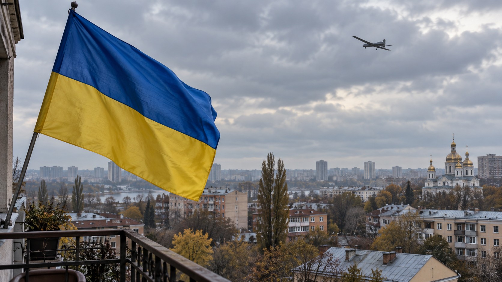 Ilustración editorial con IA: bandera ucraniana y un dron sobre un entorno urbano representativo; no documenta los ataques ni sus daños.