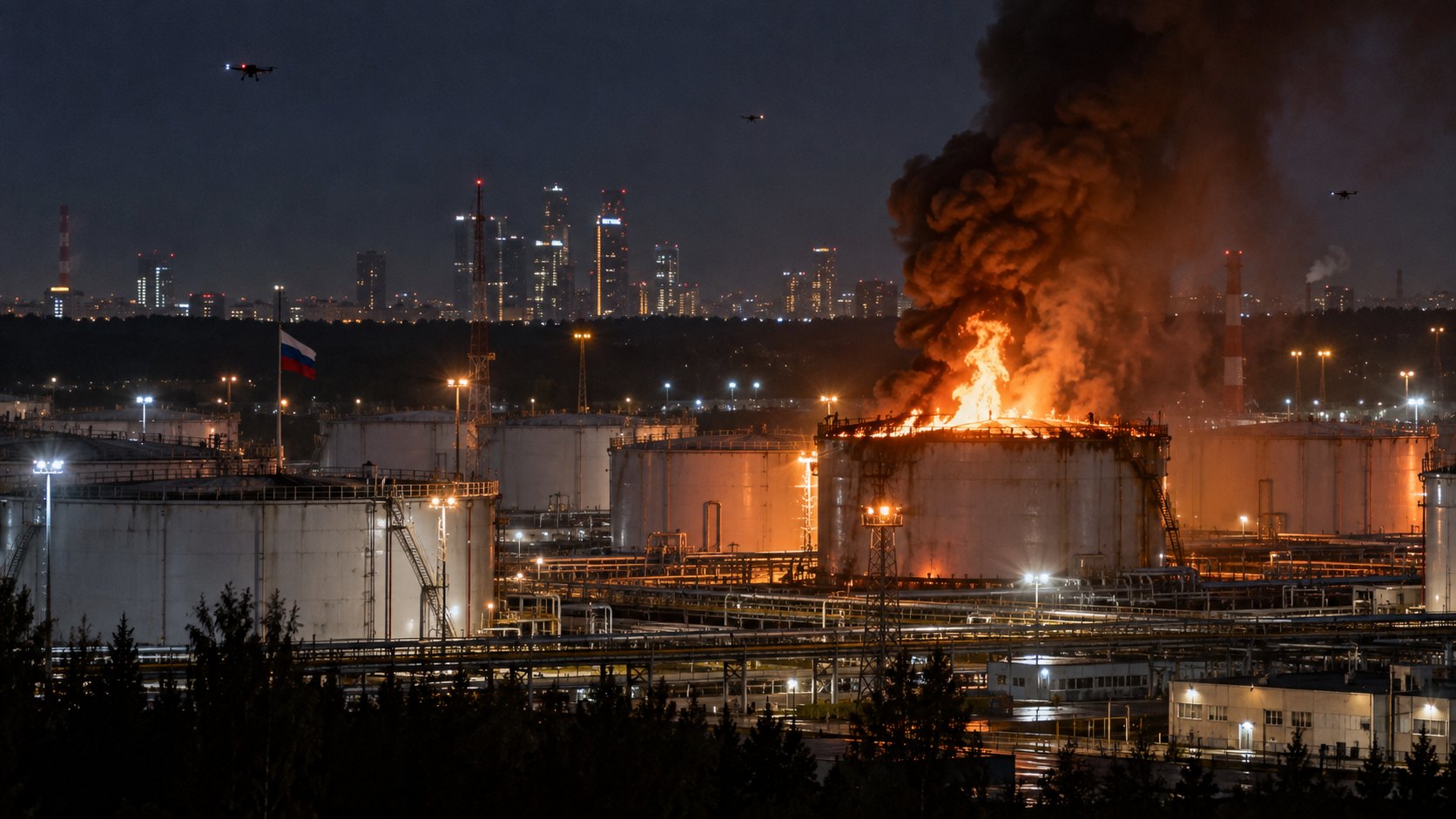 Ilustración editorial generada con IA: un tanque de un depósito de combustible arde de noche en las afueras de Moscú, con una bandera rusa, drones en el cielo y los rascacielos de la ciudad al fondo; composición conceptual, no es una fotografía de la estación Volodárskaya.