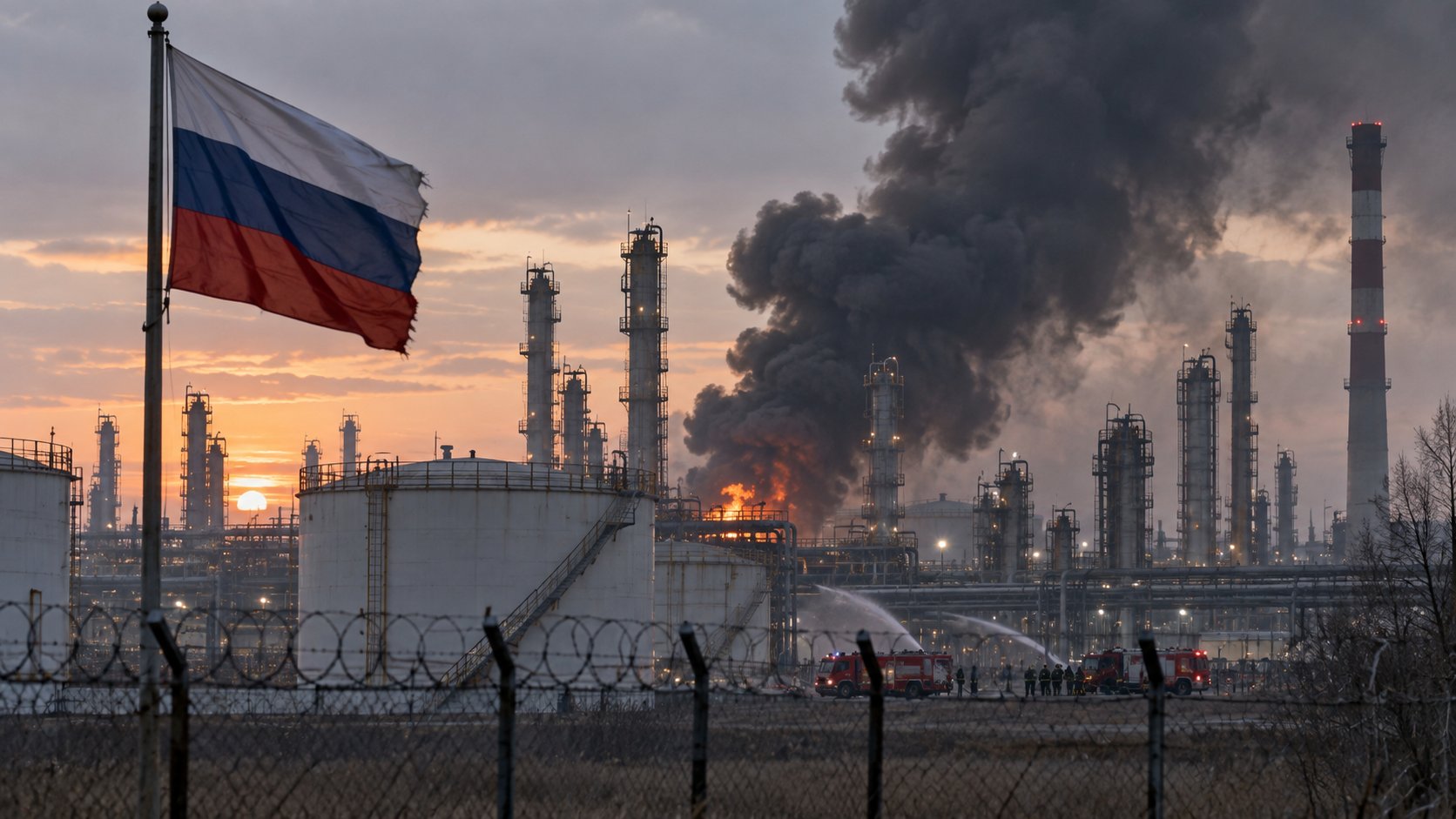 Ilustración editorial generada con IA: una refinería de petróleo con una columna de humo negro al amanecer, bomberos lejanos junto a los tanques y una bandera de Rusia en un mástil detrás de un alambrado; no es una fotografía de las refinerías atacadas.