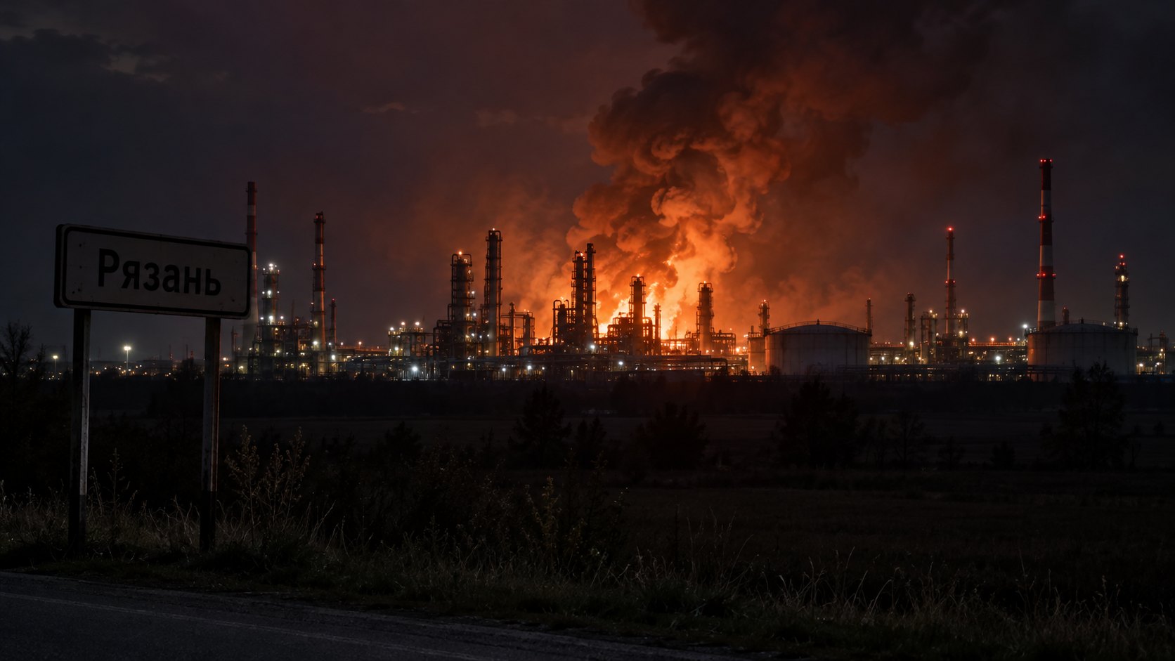 Ilustración editorial generada con IA: de noche, una refinería de petróleo arde en la llanura rusa con una gran columna de humo iluminada por las llamas, vista a través de un campo; en primer plano, un cartel vial con el nombre Riazán en cirílico; composición conceptual, no es una fotografía del ataque ni de la refinería real.