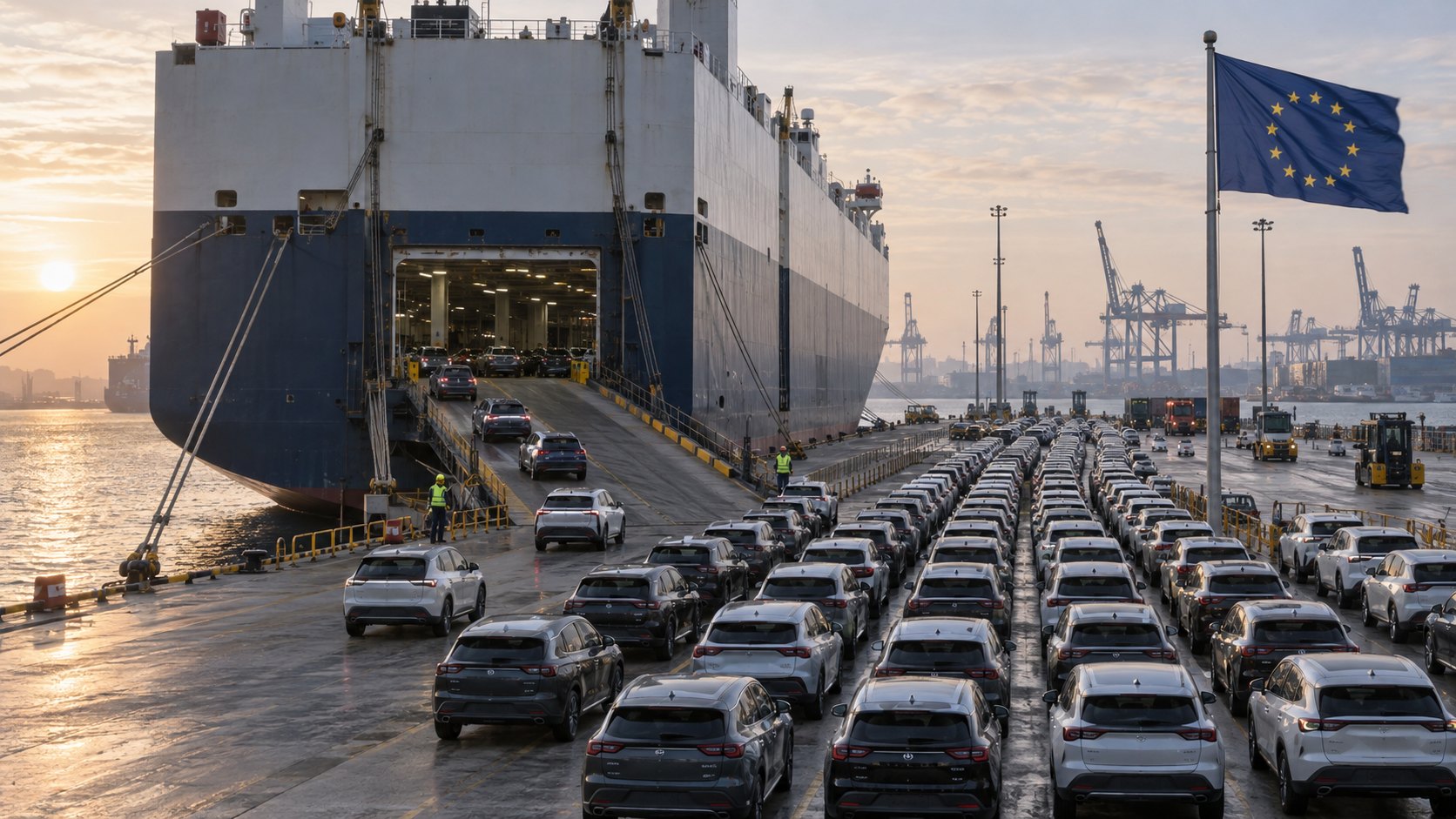Ilustración editorial generada con IA: un buque portaautos atracado en un puerto europeo al amanecer descarga largas filas de autos híbridos sobre el muelle, junto a una bandera de la Unión Europea; composición conceptual, no es una fotografía de un puerto ni de un desembarco real.