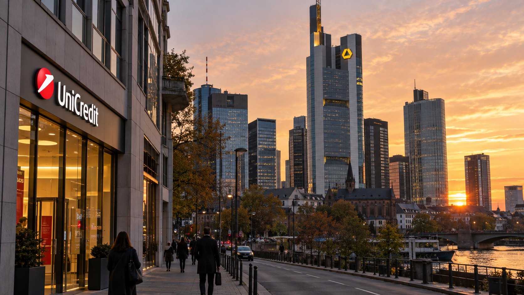 Ilustración editorial generada con IA: el skyline financiero de Fráncfort del Meno al atardecer, con la torre de Commerzbank y su logo amarillo, y en primer plano una sucursal con el cartel rojo de UniCredit junto a la ribera del Meno; composición conceptual, no es una fotografía de una sucursal real ni del anuncio.