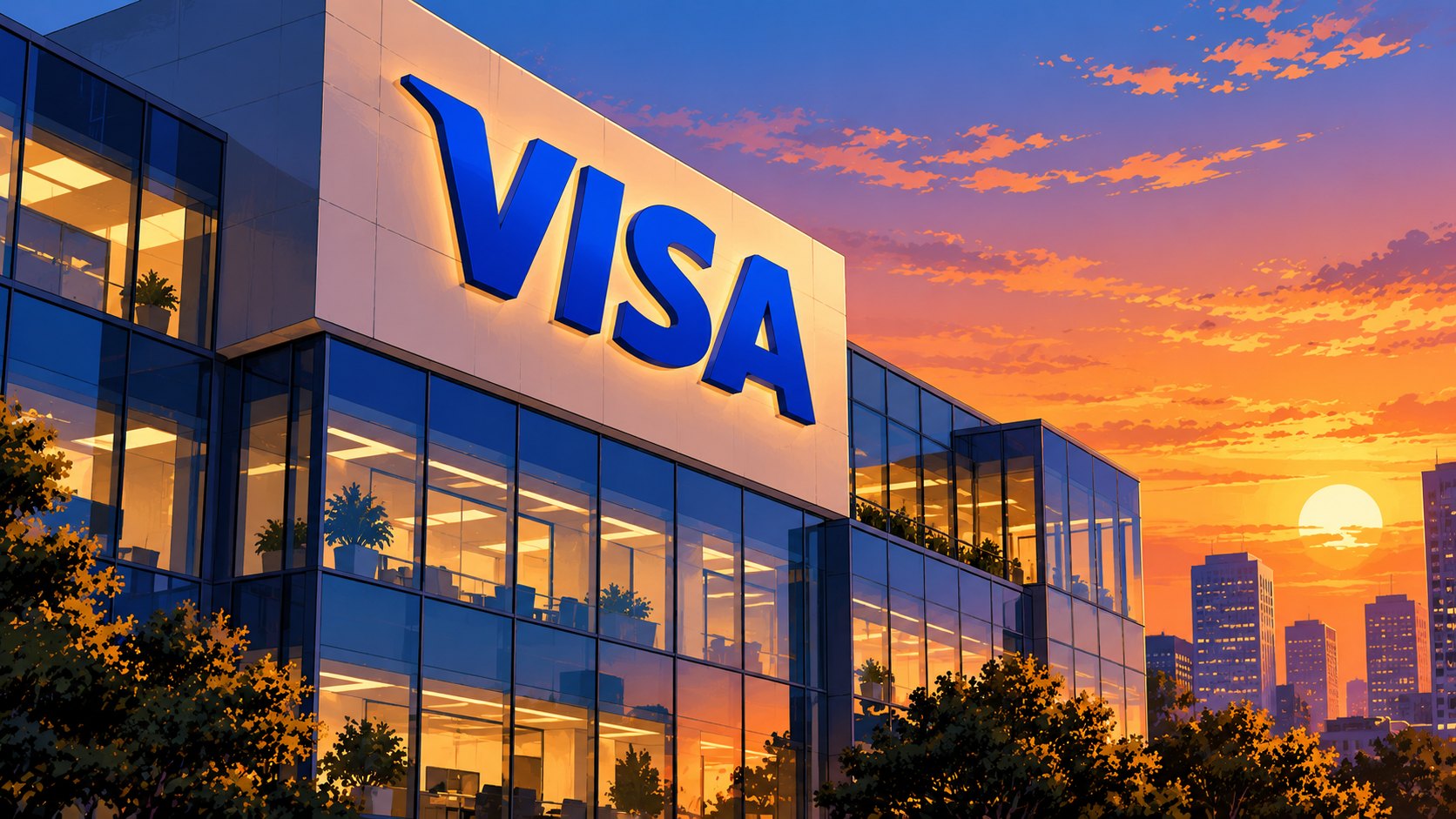 Ilustración editorial generada con IA: fachada de un edificio corporativo con el logo de Visa al atardecer; composición representativa, no es una fotografía de la sede de la empresa el día del anuncio.