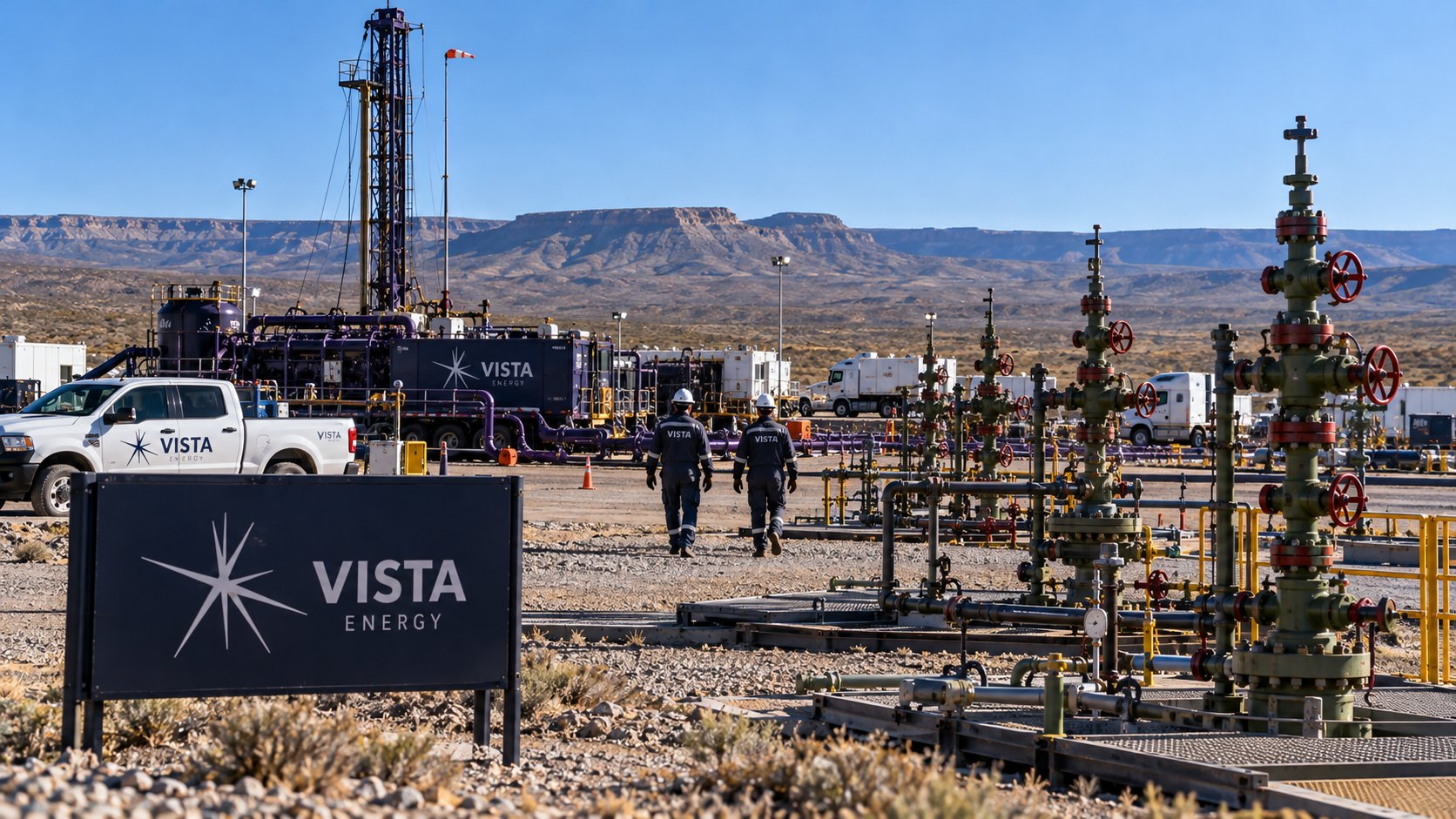 Ilustración editorial generada con IA: un pad de pozos de shale en Vaca Muerta con cabezales de pozo, un equipo de torre al fondo, camionetas y un cartel con el logo de Vista Energy bajo cielo despejado; composición conceptual, no es una fotografía de un yacimiento identificado.