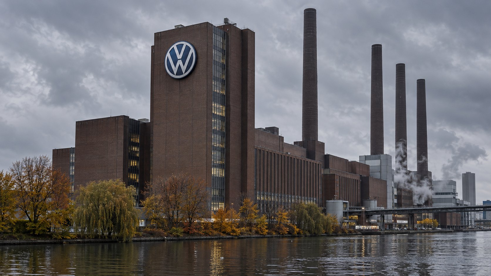 Ilustración editorial generada con IA: la central de Volkswagen en Wolfsburg, con el gran logo VW en lo alto de la torre de ladrillo y las chimeneas de la planta junto al canal bajo un cielo gris de otoño; composición representativa, no es una fotografía del día de los resultados.