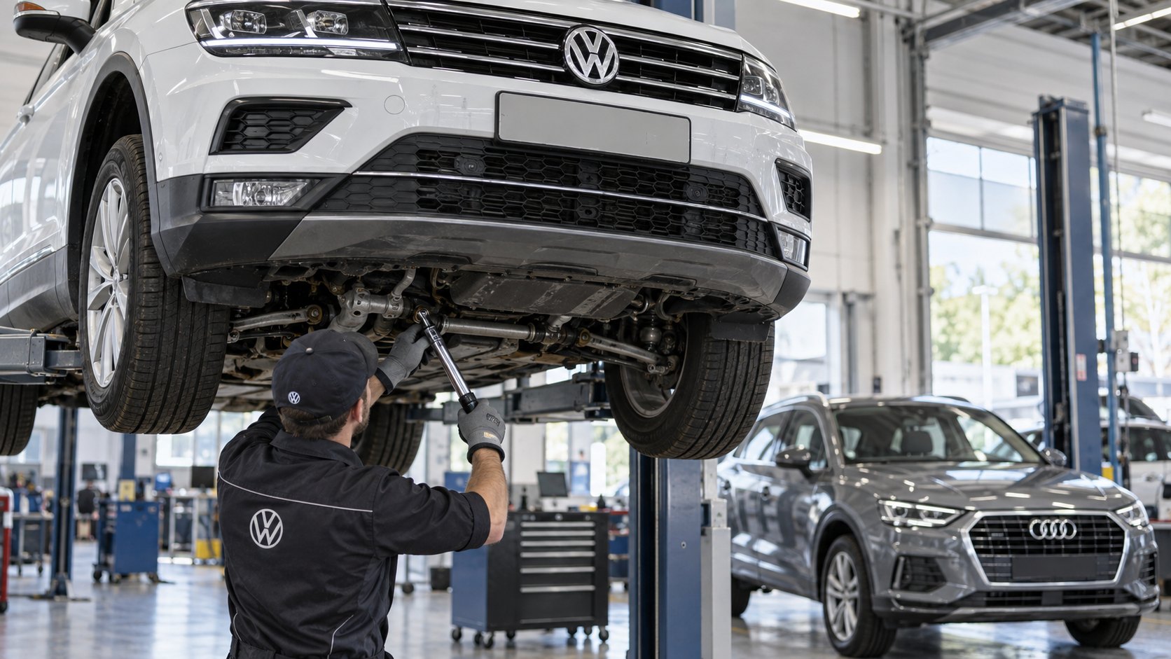 Ilustración editorial generada con IA: un Volkswagen Tiguan blanco con el emblema de VW, elevado en un taller oficial mientras un mecánico trabaja en el tren delantero, y detrás un Audi Q3 gris esperando su turno; composición conceptual, no es una fotografía de la campaña.