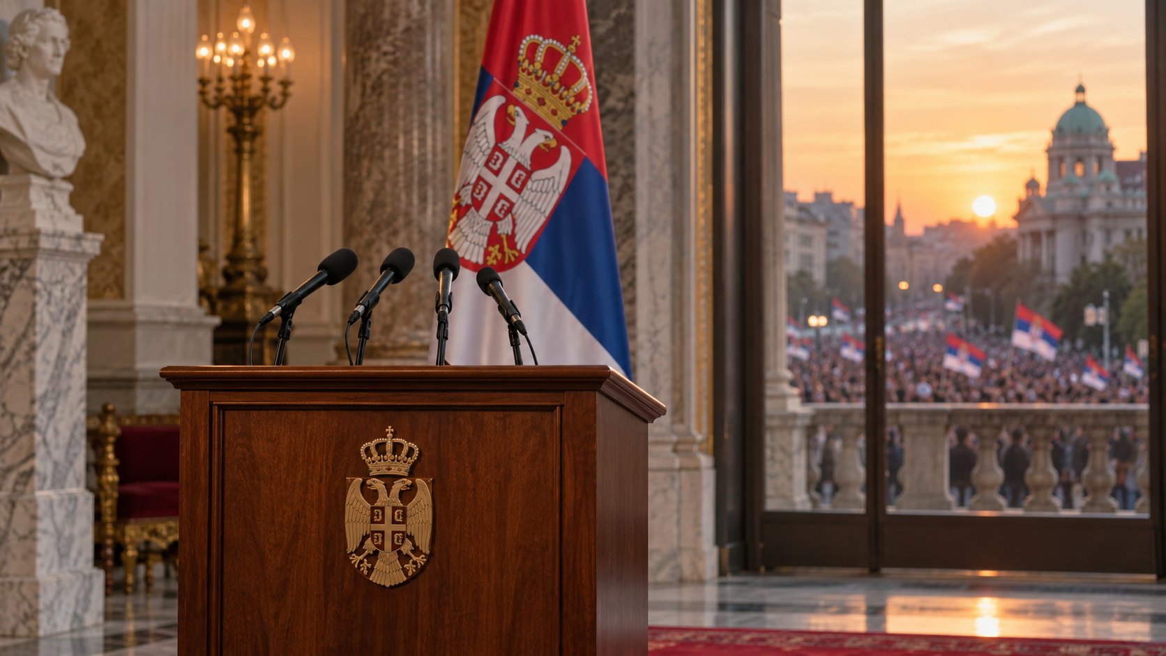 Ilustración editorial generada con IA: un atril vacío con micrófonos frente a una gran bandera de Serbia en un salón de palacio, con una multitud y banderas serbias en la calle al atardecer detrás de un ventanal; composición conceptual, no es una fotografía del anuncio.