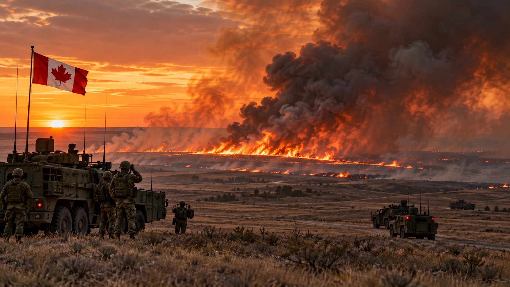 Ilustración editorial generada con IA: un incendio avanza sobre la pradera de un campo de entrenamiento militar al atardecer, con una gran columna de humo, vehículos blindados y soldados en primer plano y una bandera de Canadá; composición conceptual, no es una fotografía de la base de Wainwright ni del incendio real.