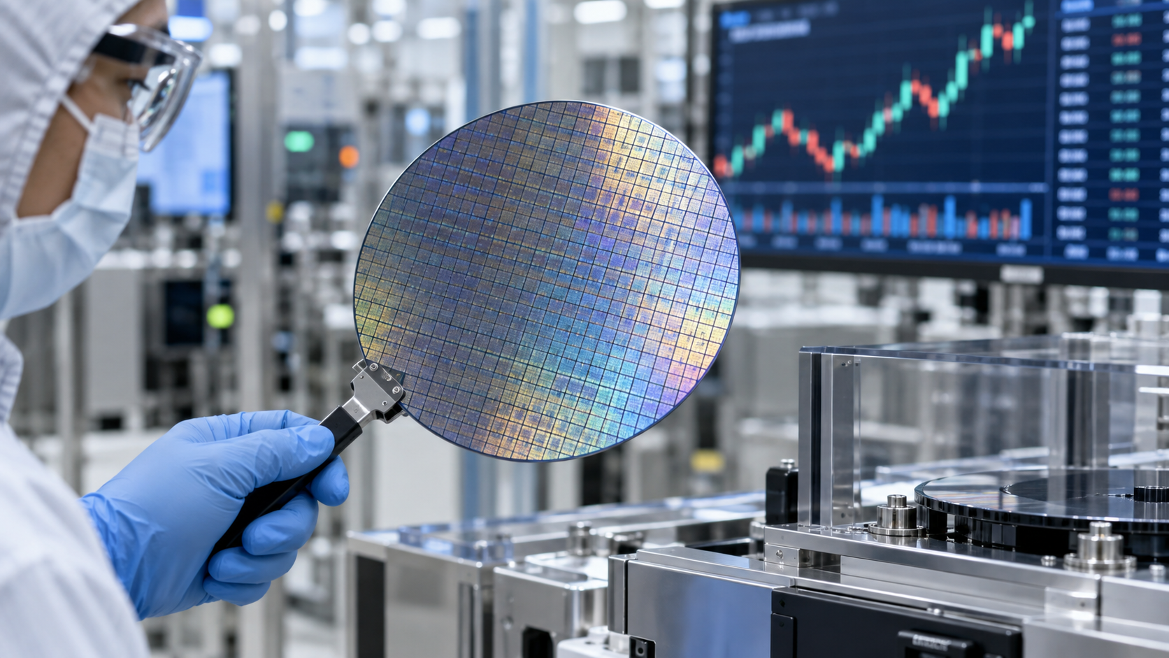 Ilustración editorial generada con IA: técnico examina una oblea de silicio en un entorno de fabricación de chips; al fondo, una pantalla de mercado desenfocada.