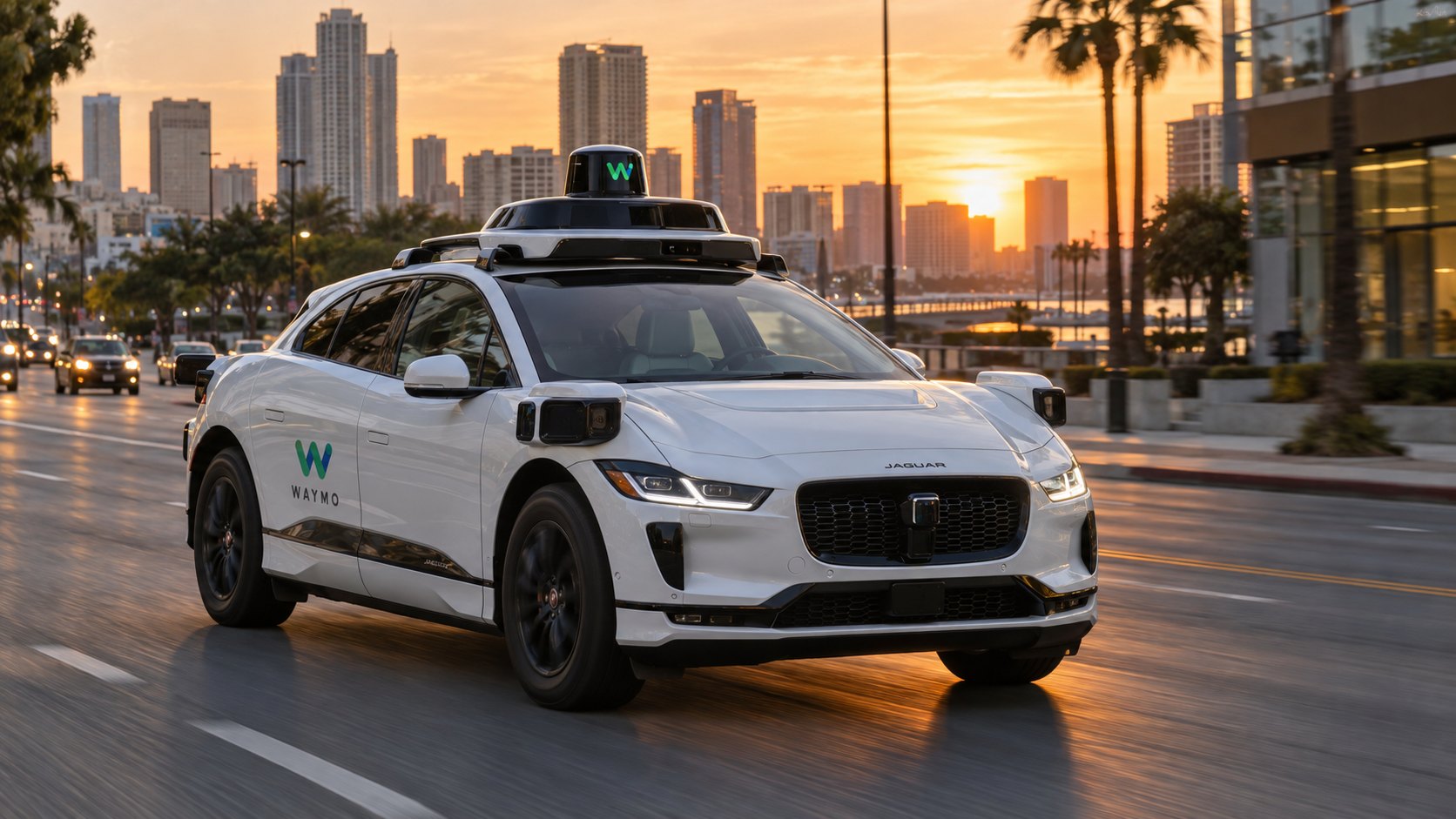 Ilustración editorial generada con IA: un robotaxi Waymo; composición conceptual.