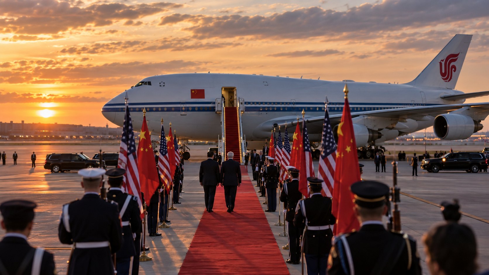 Ilustración editorial generada con IA: un Boeing 747 con librea de Air China en una pista al atardecer, alfombra roja, banderas de Estados Unidos y China y una guardia de honor; no es una fotografía de la llegada de Xi Jinping.