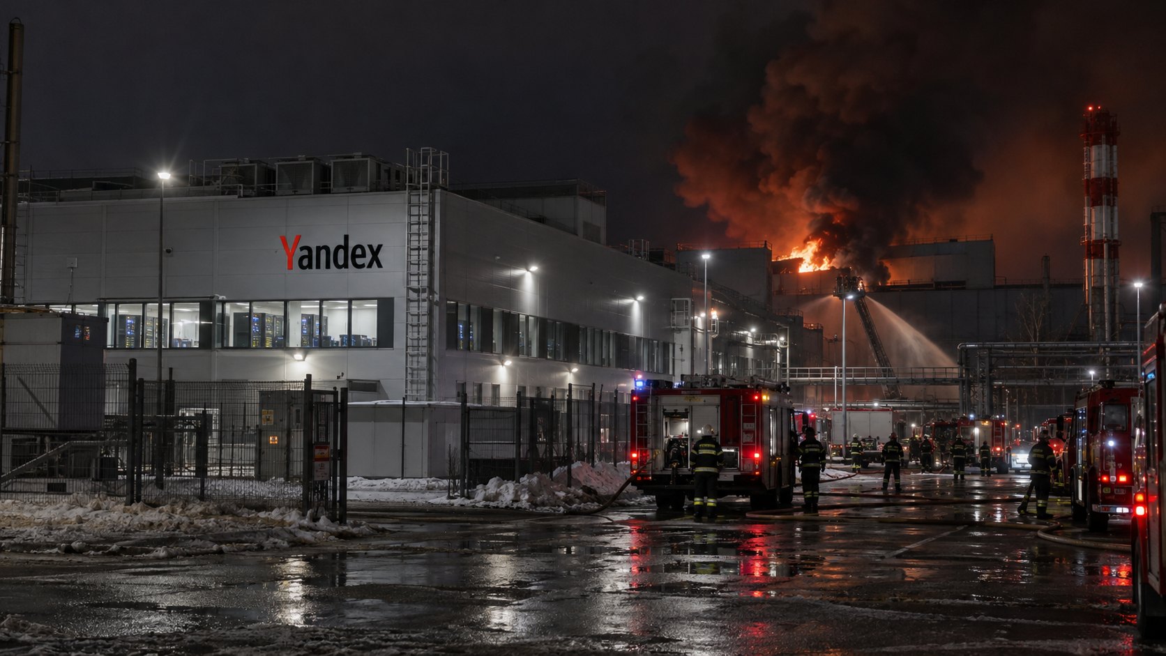 Ilustración editorial generada con IA: el edificio de un centro de datos con el logotipo de Yandex en un predio industrial de una ciudad rusa, de noche, con un incendio y una columna de humo detrás y bomberos trabajando; composición conceptual, no es una fotografía del ataque.