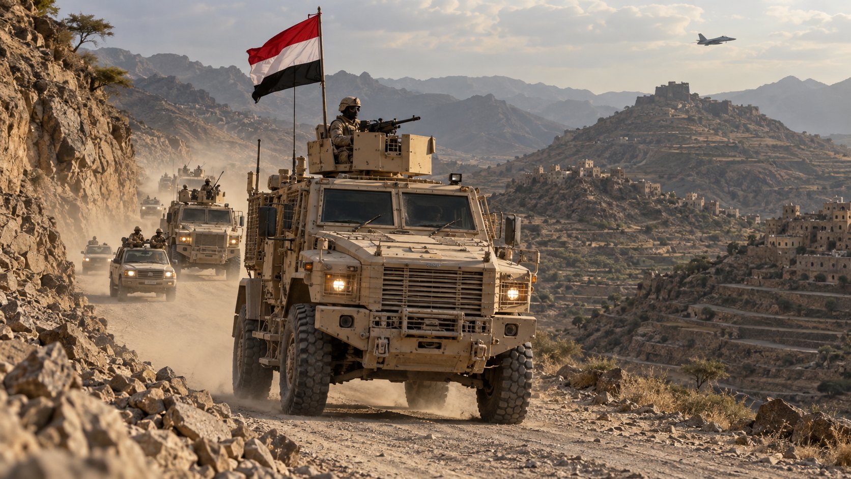 Ilustración editorial generada con IA: una columna de vehículos blindados color arena avanza por una ruta de montaña árida en el suroeste de Yemen, con una bandera yemení flameando en el primer vehículo y un caza a reacción a lo lejos; composición conceptual, no es una fotografía de la ofensiva ni de tropas reales.