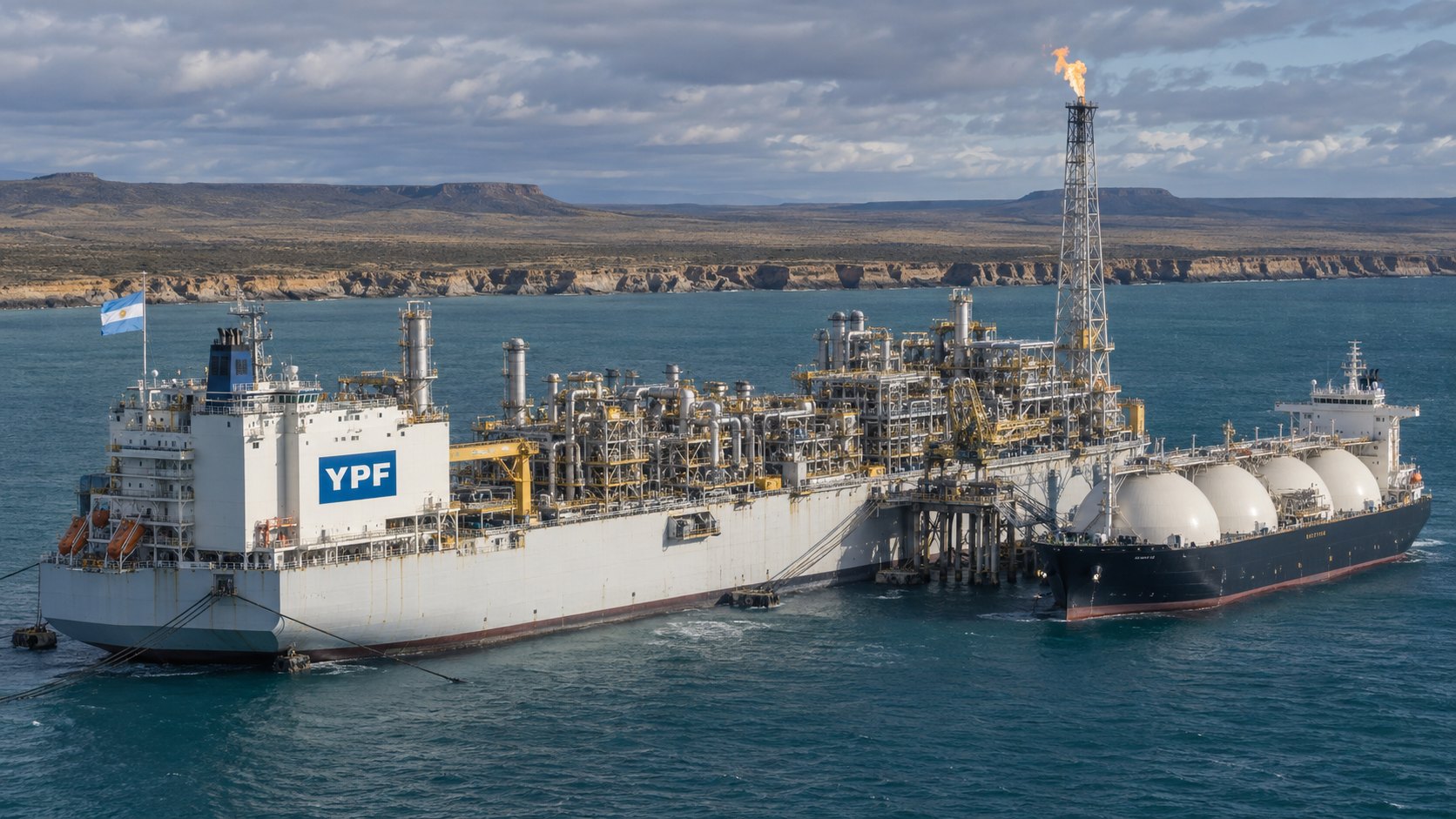 Ilustración editorial generada con IA: un buque de licuefacción flotante blanco con el logo de YPF en el casco y una bandera argentina, junto a un buque metanero de tanques esféricos, frente a la costa patagónica de Río Negro; composición conceptual, no es una fotografía del proyecto Argentina LNG.