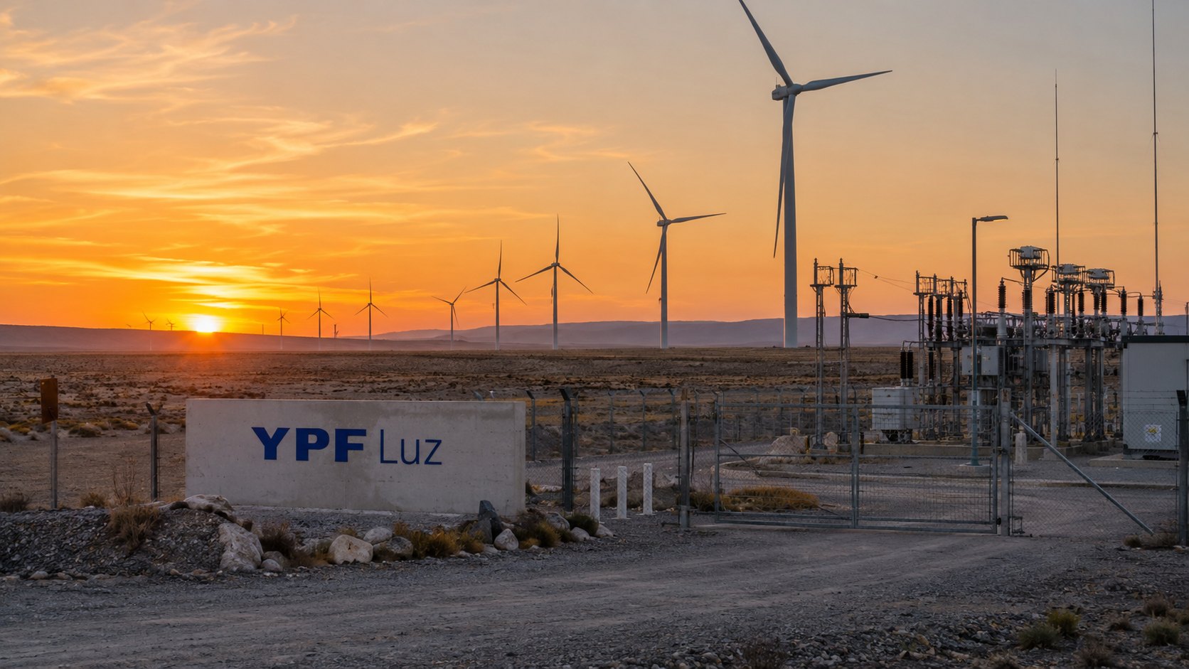 Ilustración editorial generada con IA: un parque eólico en la estepa patagónica al atardecer, con aerogeneradores en fila, una subestación eléctrica y un cartel de ingreso con la marca YPF Luz en primer plano; composición conceptual, no es una fotografía de un parque real de la empresa.