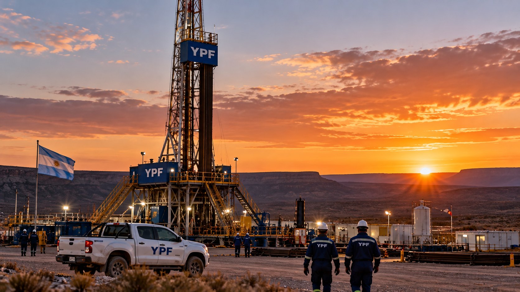 Ilustración editorial generada con IA: un equipo de perforación con el logo de YPF en Vaca Muerta, Neuquén, al atardecer, con una camioneta de la empresa y operarios con casco al pie de la torre; composición conceptual, no es una fotografía de un pozo identificado.