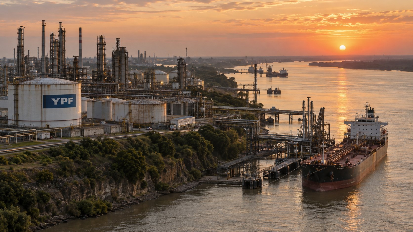 Ilustración editorial generada con IA: tanques, torres y cañerías de un complejo industrial sobre la barranca del río Paraná, con un buque tanque amarrado en el muelle y el logo de YPF en un tanque, al atardecer; composición conceptual, no es una fotografía de la ex refinería de San Lorenzo.