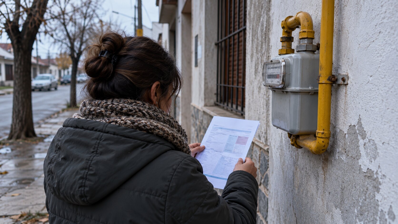 Ilustración editorial generada con IA: una mujer de espaldas, abrigada, lee una factura de gas junto al medidor domiciliario con su caño amarillo en la fachada de una casa de una ciudad bonaerense en una mañana fría; composición conceptual, no es una fotografía de un hogar real.