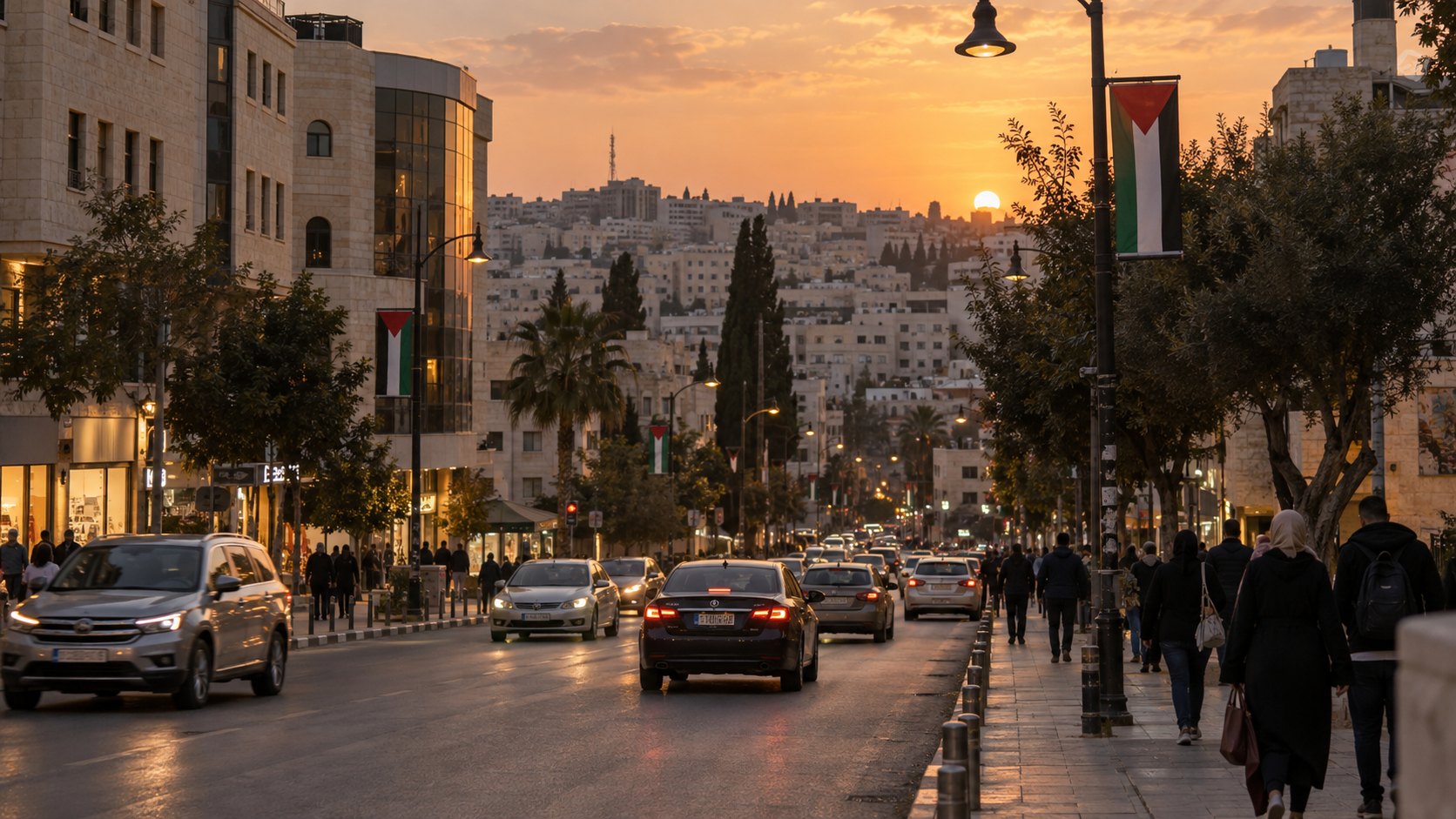 Ilustración editorial generada con IA: una calle de Ramala, en Cisjordania, al atardecer, con edificios de piedra clara y banderas palestinas en los postes. No es una fotografía del lugar.