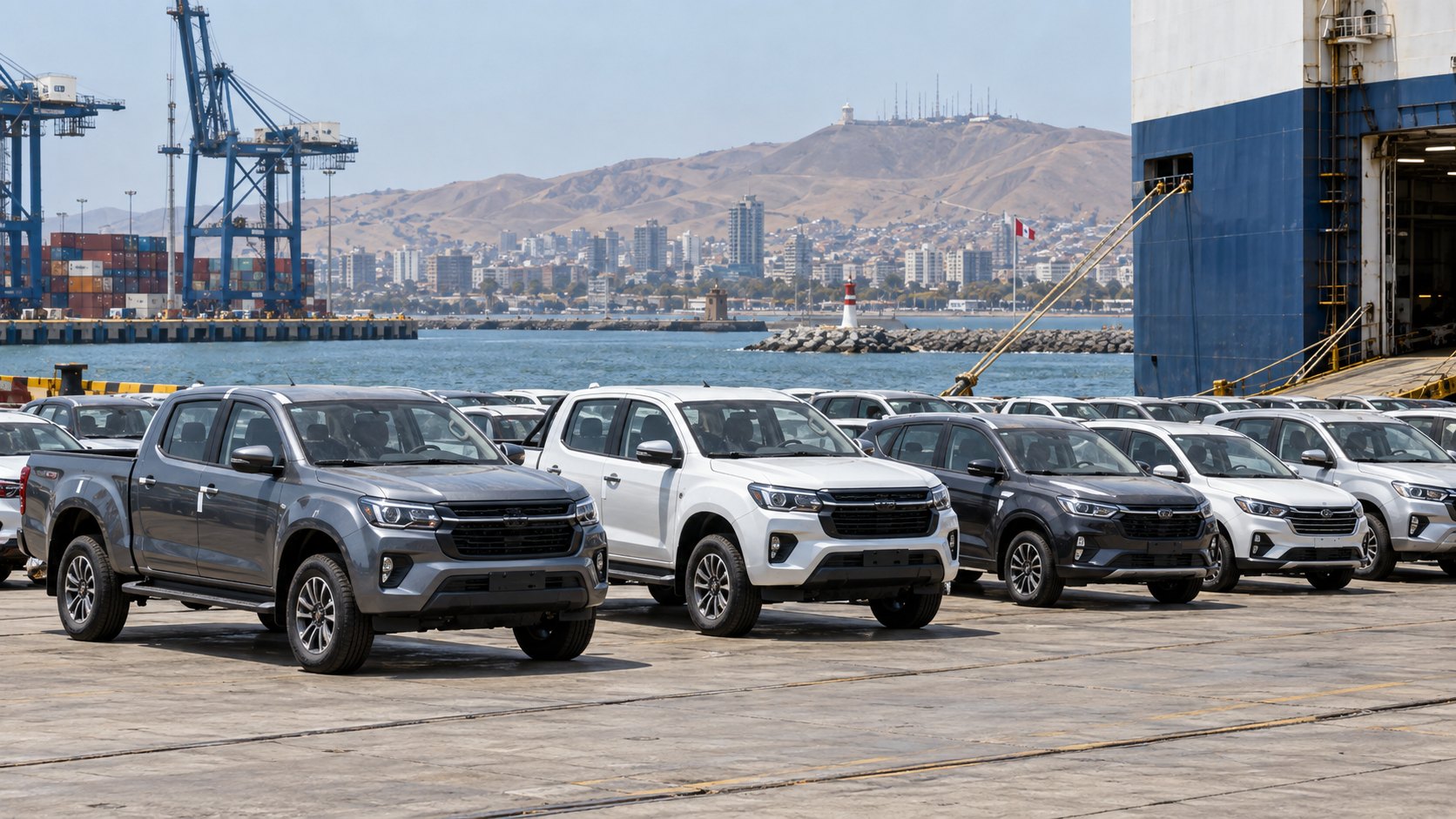 Ilustración editorial generada con IA: pickups y SUV nuevos estacionados en un muelle junto a un buque de carga de vehículos, con una bandera de Perú, grúas portuarias y una ciudad costera con cerros áridos al fondo; composición conceptual, no es una fotografía del puerto del Callao.