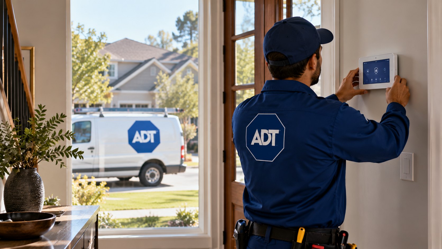 Ilustración editorial generada con IA: un técnico con uniforme azul de ADT, de espaldas, instala un panel táctil de alarma en el recibidor de una casa, con una camioneta de servicio de ADT estacionada afuera; composición conceptual, no es una fotografía de un domicilio real.