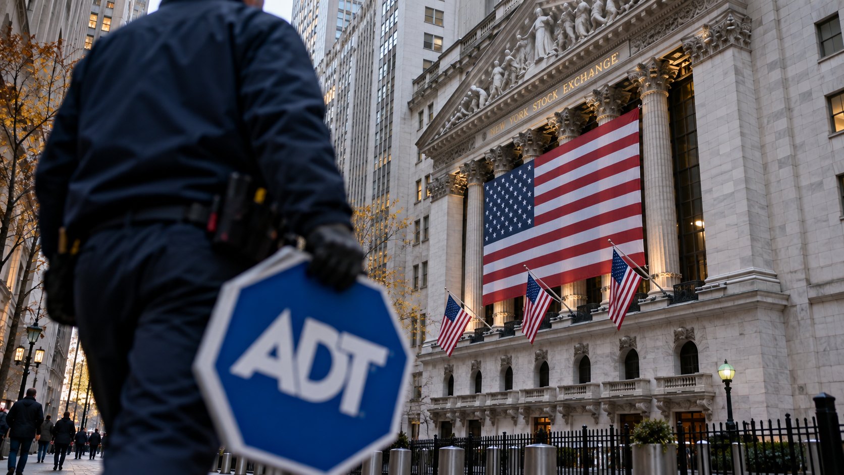Ilustración editorial generada con IA: un empleado de espaldas lleva un cartel octogonal azul de ADT frente a la fachada de la Bolsa de Nueva York, con la gran bandera de Estados Unidos entre las columnas, en una mañana gris de otoño; composición conceptual, no es una fotografía de un hecho real.