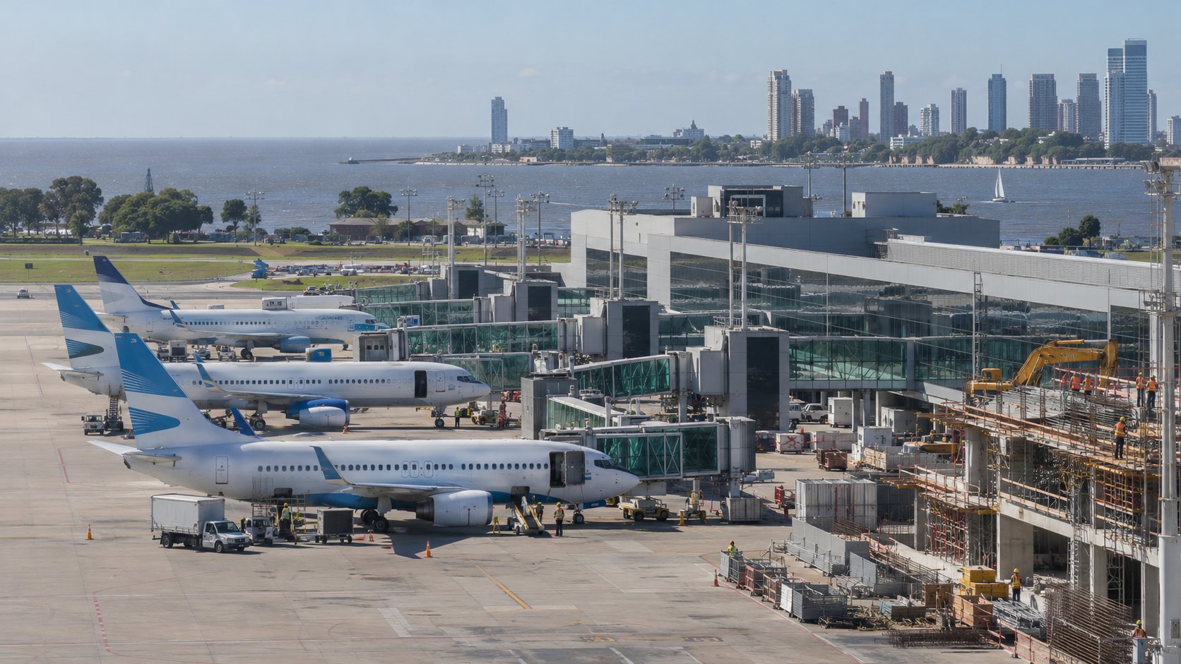 Ilustración editorial generada con IA: aviones de cabotaje conectados a mangas de embarque en Aeroparque Jorge Newbery, con el Río de la Plata y torres de Buenos Aires al fondo y obreros trabajando en la ampliación de un espigón; composición conceptual, no es una fotografía de las obras.