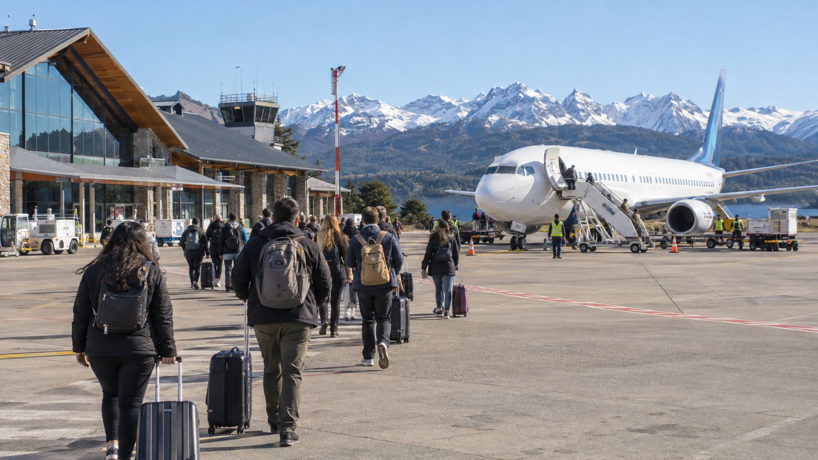 Ilustración editorial generada con IA: pasajeros con valijas caminan por la plataforma del aeropuerto de Bariloche hacia un avión de cabotaje, con la terminal de madera y piedra y los cerros nevados de la cordillera detrás; composición conceptual, no es una fotografía de un vuelo real.