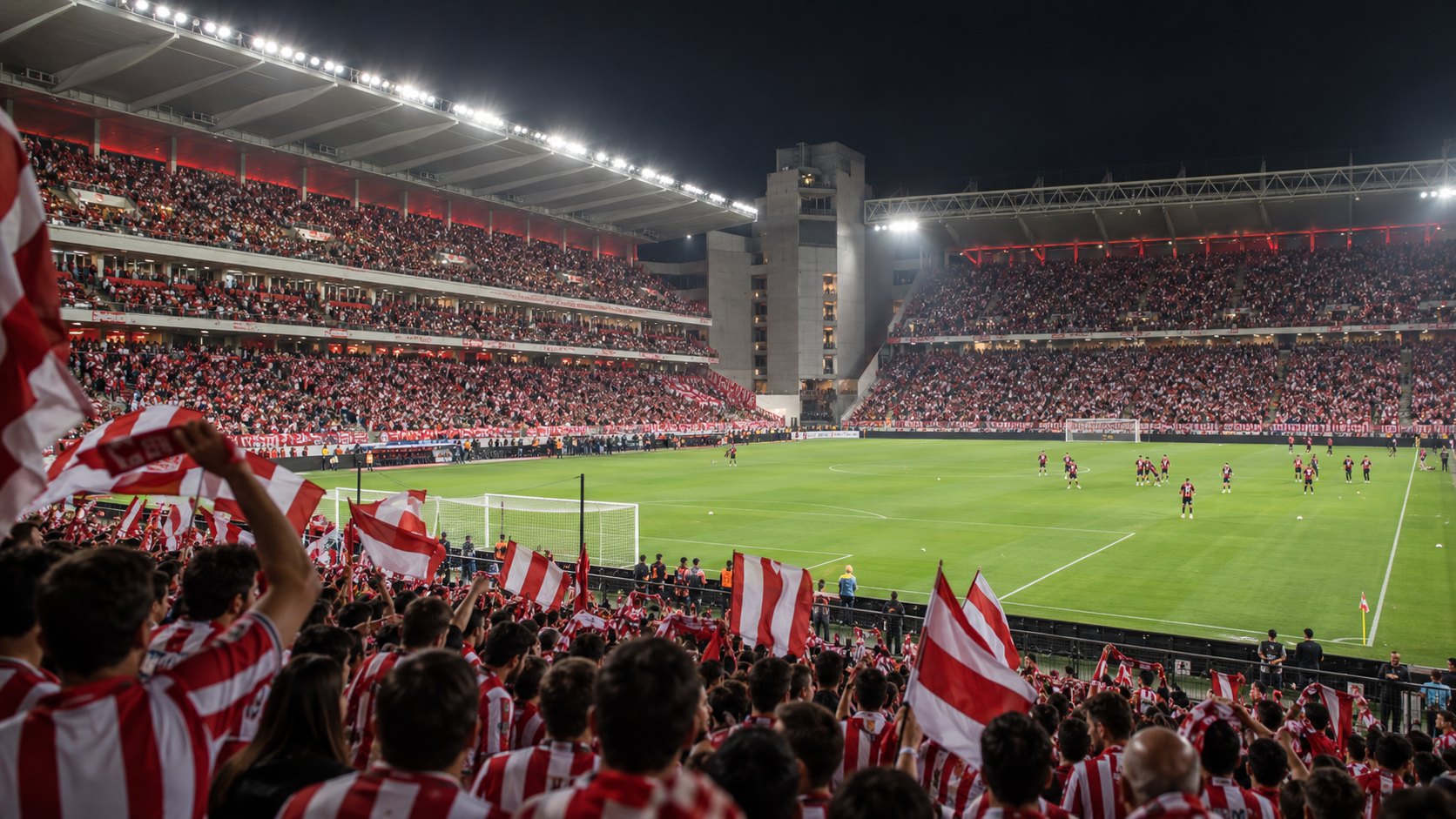 Ilustración editorial generada con IA: de noche, un estadio techado colmado de hinchas con camisetas y banderas rojas y blancas a rayas, mientras a lo lejos un equipo con camiseta roja y negra entra en calor en el campo; composición conceptual, no es una fotografía del estadio UNO ni de un partido real.