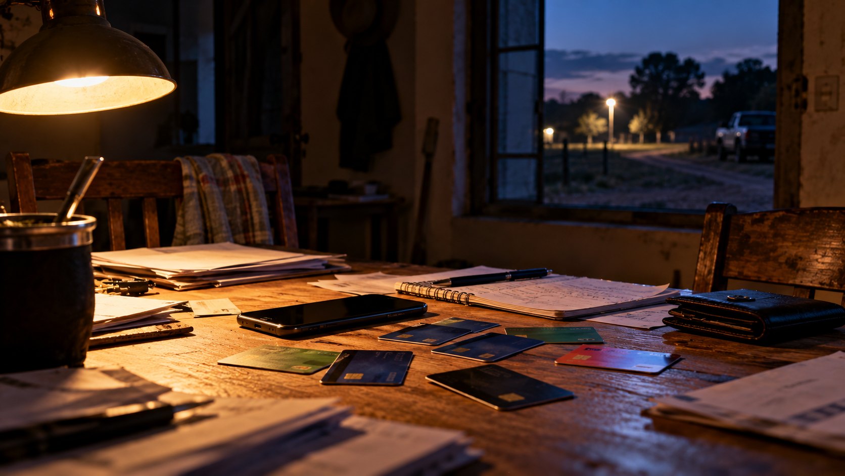 Ilustración editorial generada con IA: varias tarjetas de débito genéricas, un teléfono celular y un cuaderno sobre una mesa de madera iluminada por una lámpara en una casa de un pueblo rural, de noche; composición conceptual, no es una fotografía de elementos secuestrados en la causa.