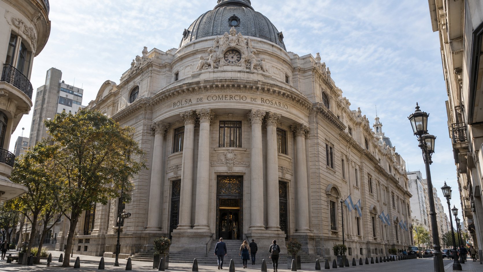 Ilustración editorial generada con IA: el edificio histórico de la Bolsa de Comercio de Rosario, en la esquina de Córdoba y Corrientes; no es una fotografía documental.