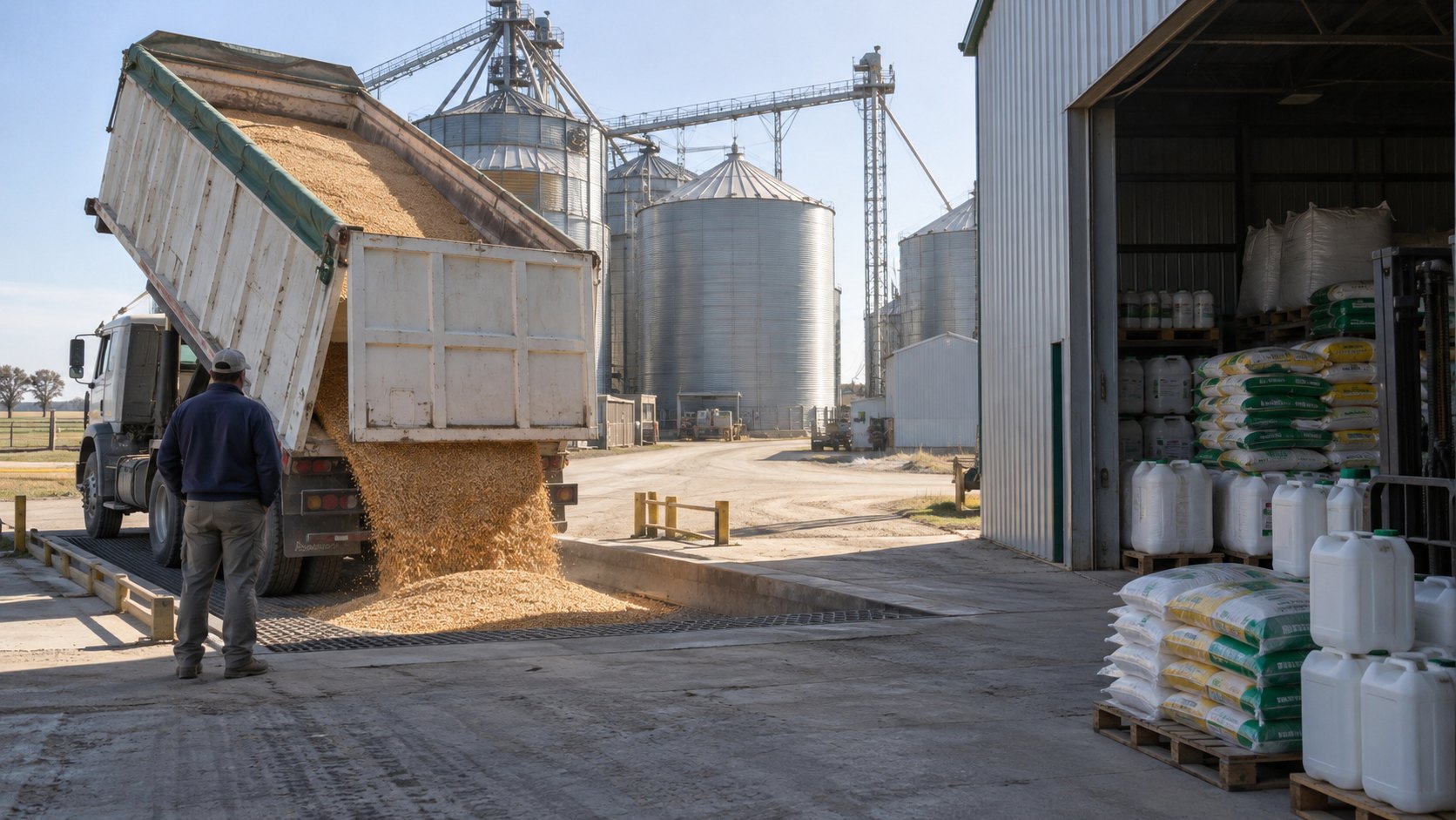 Ilustración editorial generada con IA: un camión descarga granos en la fosa de una planta de acopio con silos, junto a un galpón con bolsas y bidones de insumos agrícolas sin marca, en referencia al canje de insumos por granos; no es una fotografía de un establecimiento real.