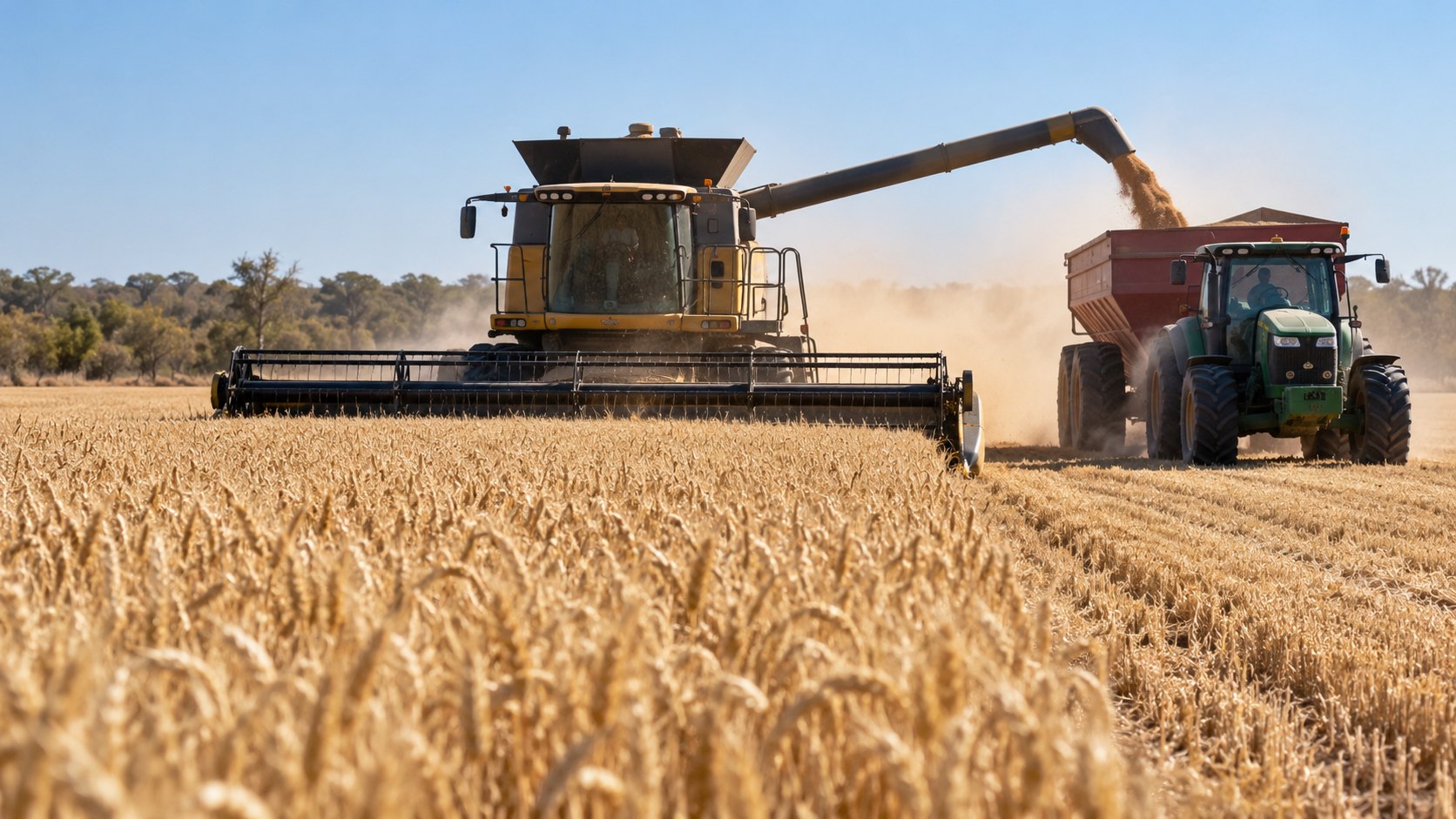 Ilustración editorial generada con IA: una cosechadora trilla un lote de trigo dorado y descarga el grano en una tolva arrastrada por un tractor, con monte bajo en el horizonte, al inicio de la cosecha en el norte argentino; composición conceptual, no es una fotografía de un lote real.