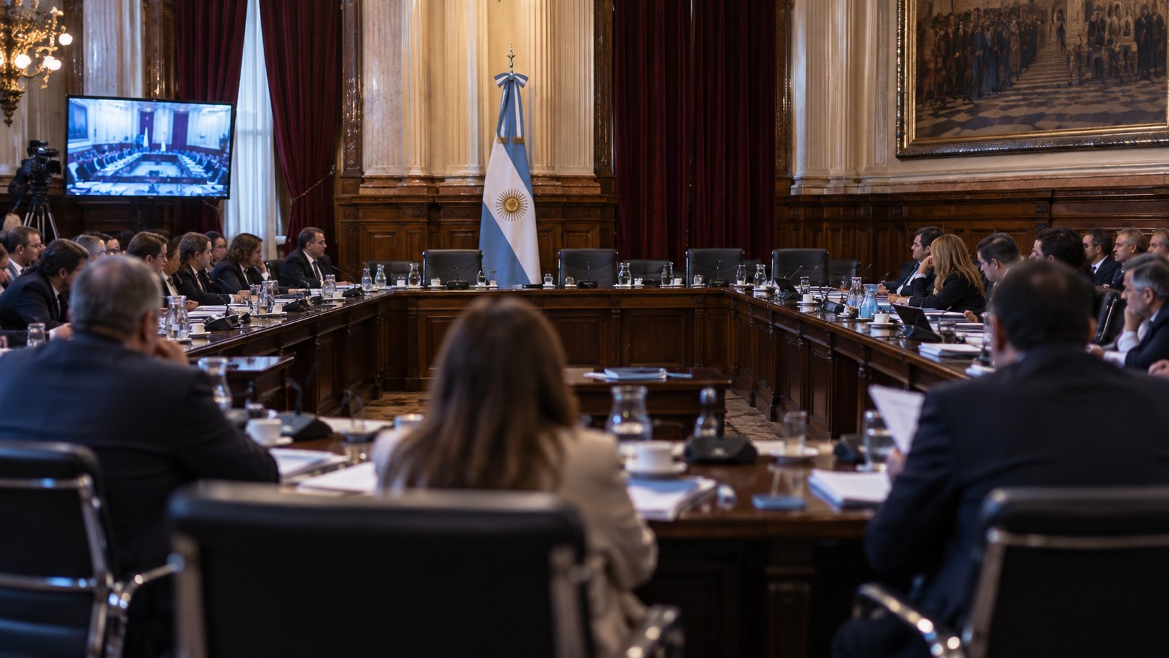 Ilustración editorial generada con IA: una sala de comisiones de la Cámara de Diputados con legisladores alrededor de una mesa en herradura, carpetas, micrófonos y una bandera argentina; composición conceptual, no es una fotografía del plenario del 28 de octubre.