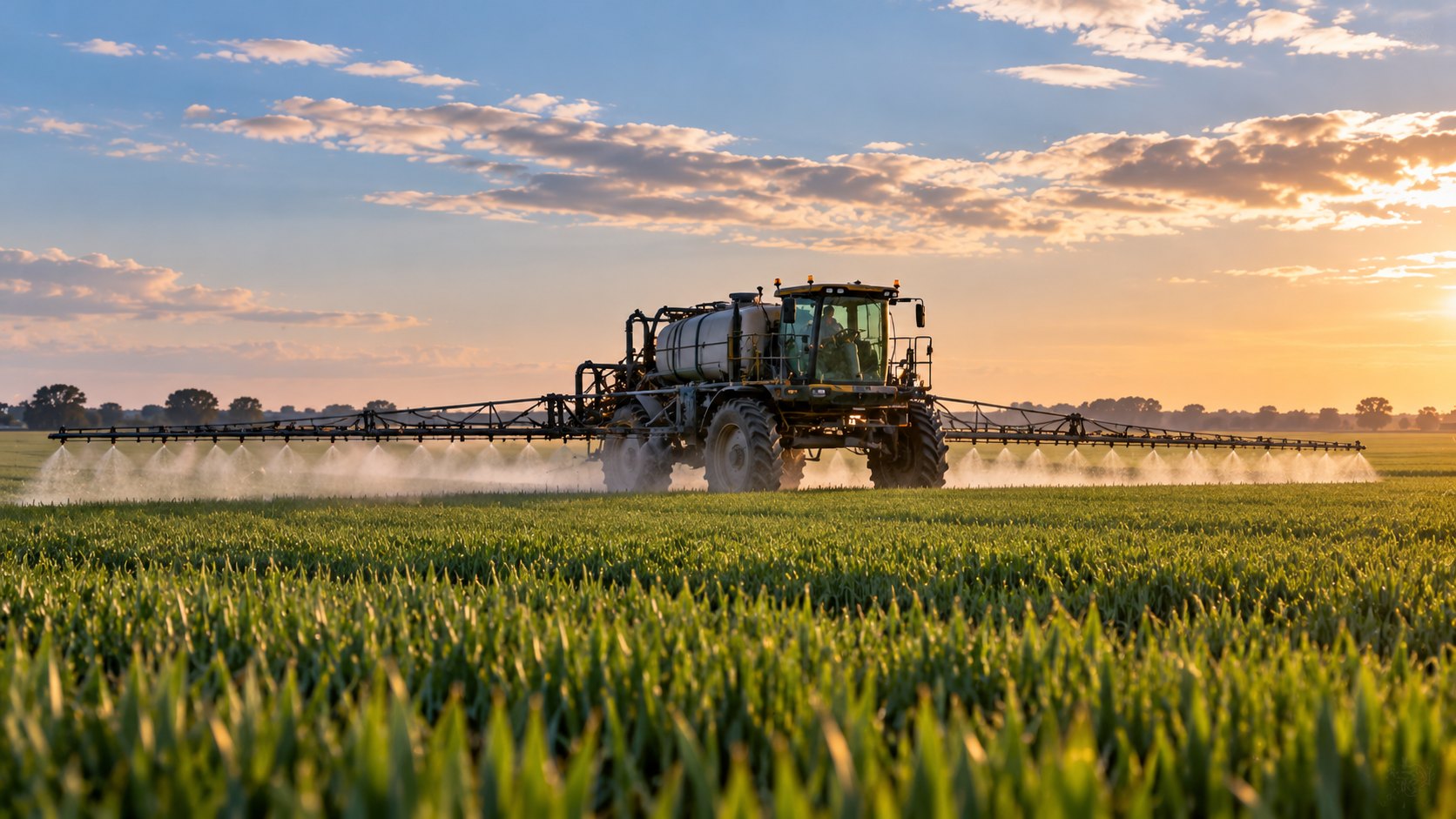 Ilustración editorial generada con IA: un pulverizador autopropulsado aplica fertilizante líquido sobre un lote verde de trigo en la llanura pampeana al atardecer; composición conceptual, no es una fotografía de un campo identificado.