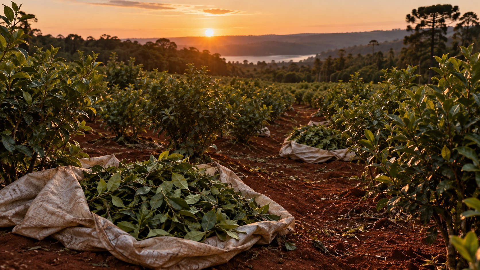 Ilustración editorial generada con IA: un yerbal de Misiones sobre tierra colorada al atardecer, con hojas de yerba mate recién cosechadas apiladas en lienzos entre las plantas; no es una fotografía de una plantación real.