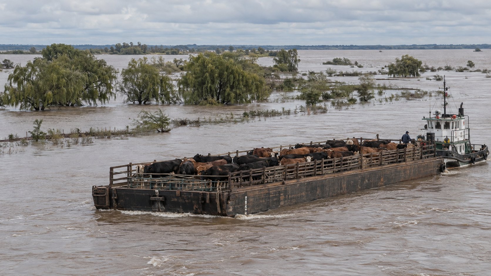 Ilustración editorial generada con IA: una barcaza ganadera cargada de vacas, empujada por un remolcador por el río Paraná crecido, con islas bajas anegadas y sauces al fondo; no es una fotografía de un traslado real.