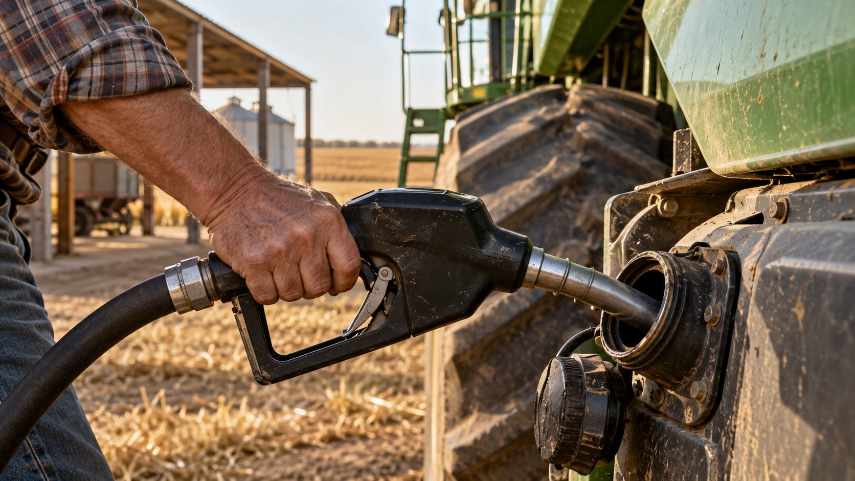 Ilustración editorial generada con IA: la mano de un productor sostiene la pistola de un surtidor y carga gasoil en el tanque de una máquina agrícola verde, junto a una rueda de gran tamaño, con un galpón, silos y un rastrojo de fondo; composición conceptual, no es una fotografía de un establecimiento identificado.