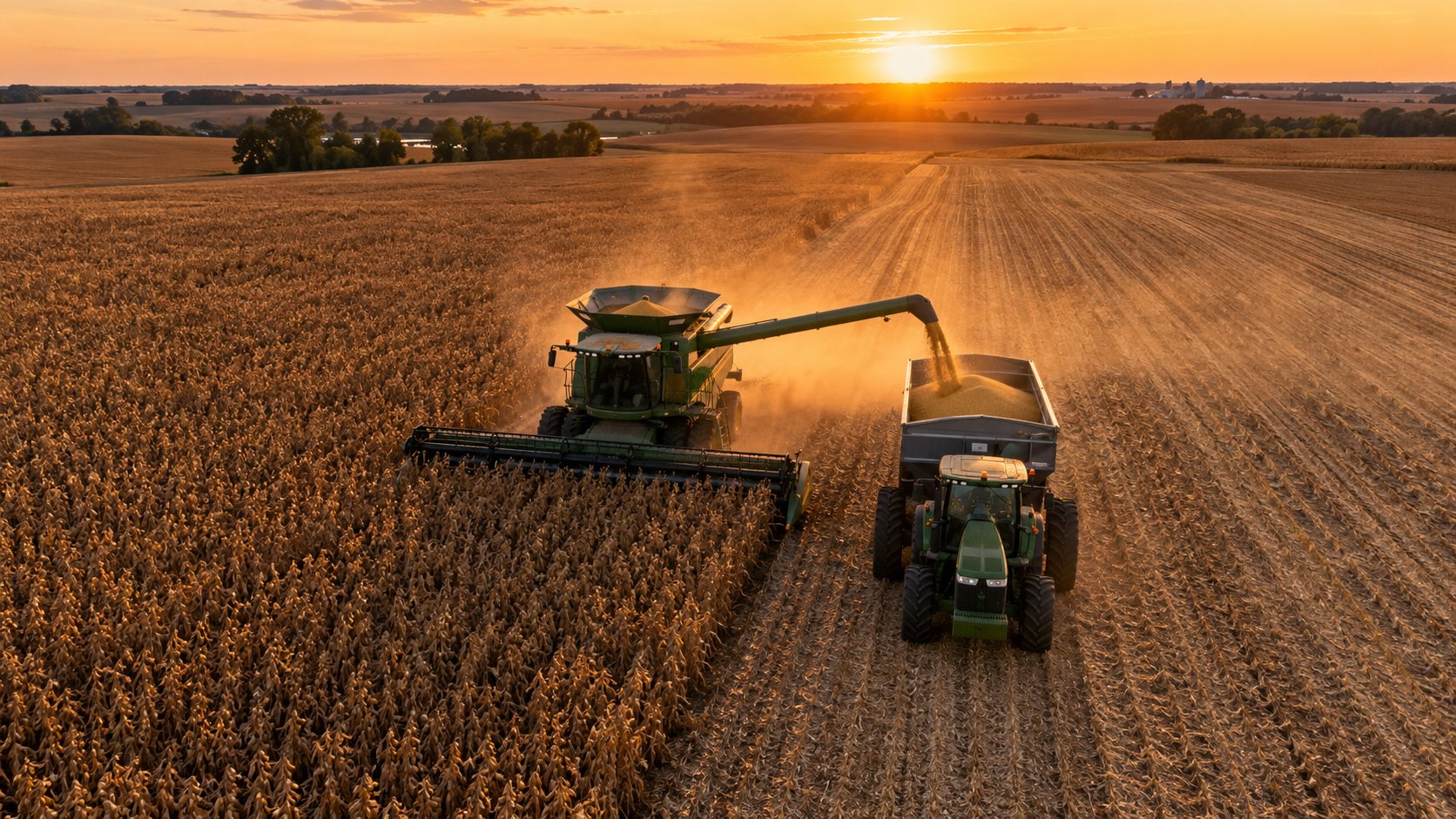 Ilustración editorial generada con IA: vista aérea al atardecer de una cosechadora que descarga granos en una tolva tirada por un tractor, junto a un lote en plena cosecha en el Medio Oeste de Estados Unidos; composición conceptual, no es una fotografía de un lote identificado.