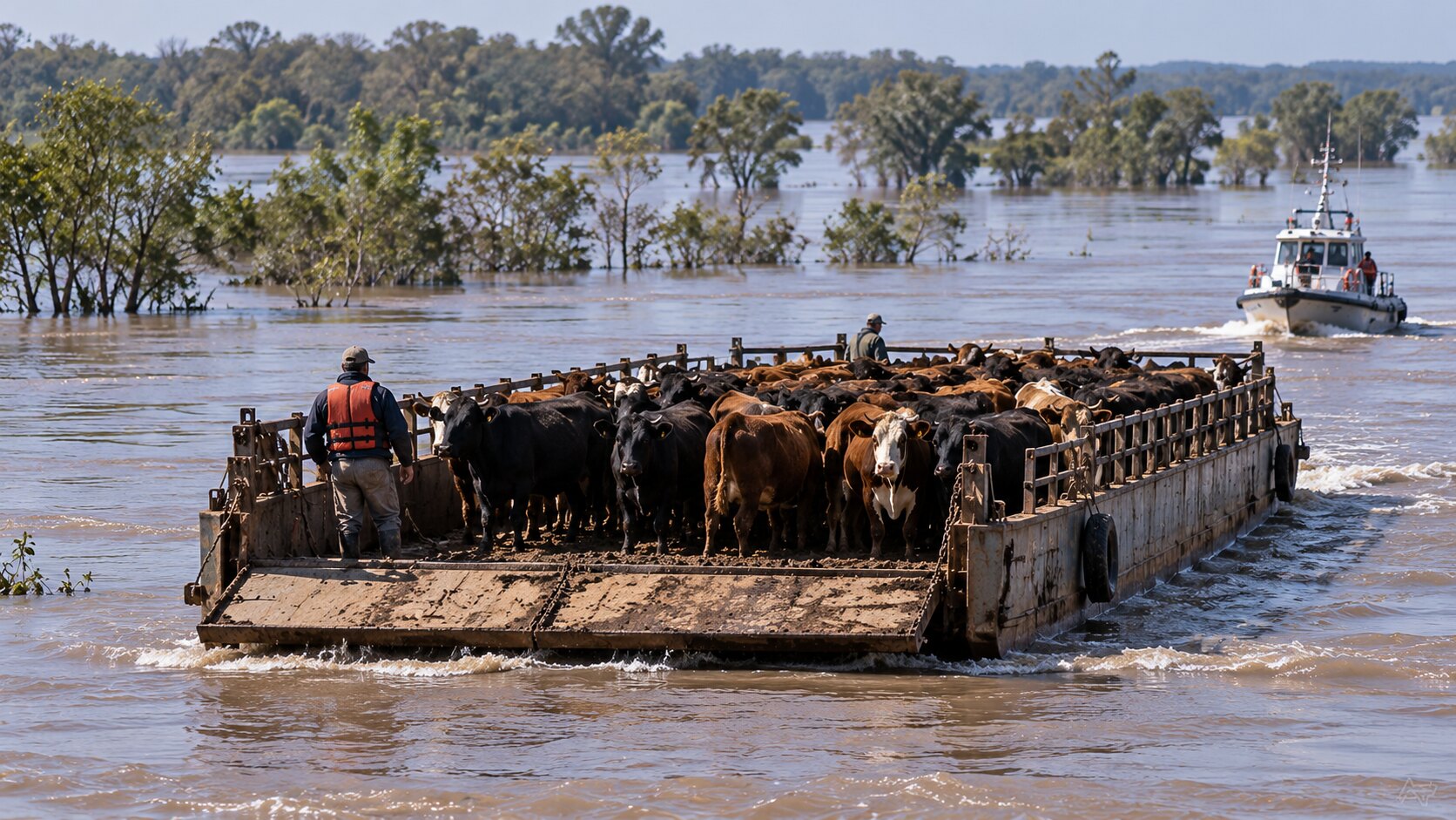 Ilustración editorial generada con IA: una chata cargada de vacas cruza el río Paraná crecido hacia tierra firme, con un peón con chaleco salvavidas a bordo, una lancha detrás y el monte isleño inundado al fondo; composición conceptual, no es una fotografía de un traslado real.