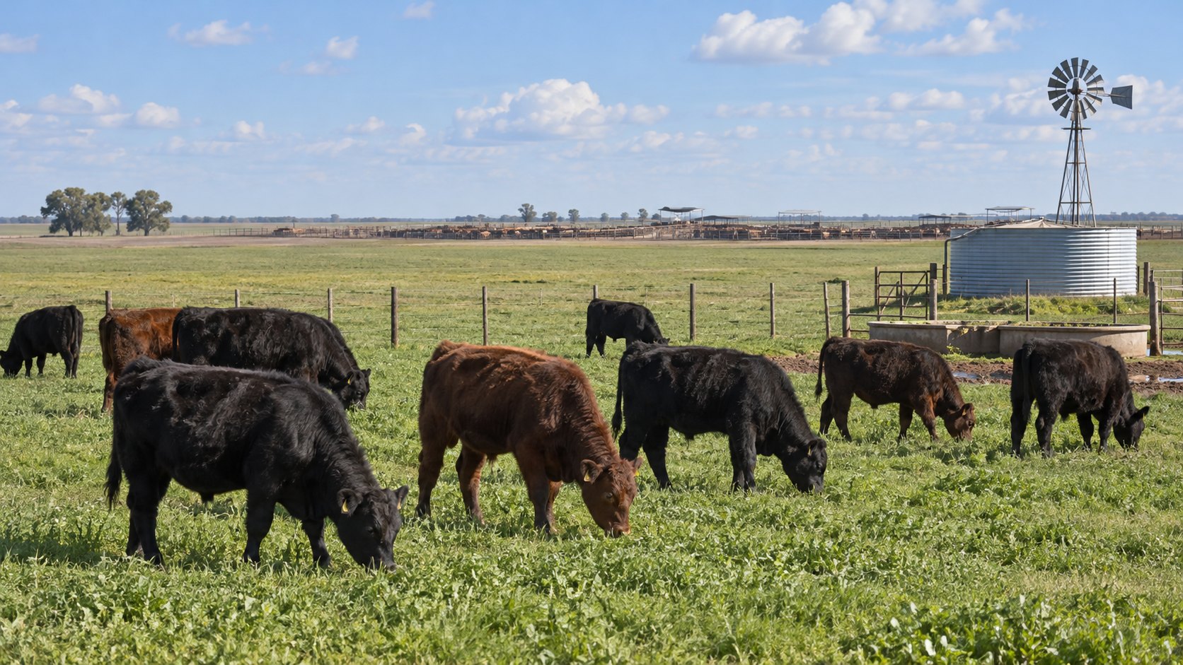 Ilustración editorial generada con IA: terneros y novillitos Aberdeen Angus pastan en un potrero verde de la pampa en primavera, junto a un alambrado, un molino y un tanque australiano, con corrales a lo lejos; no es una fotografía de un campo real.