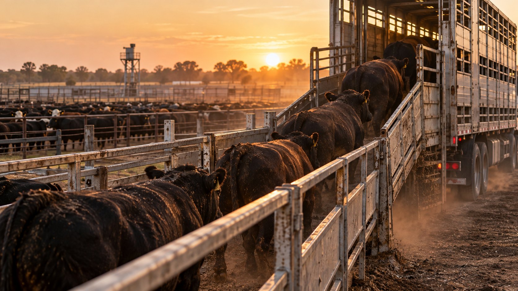 Ilustración editorial generada con IA: novillos Angus terminados suben por una manga de carga a un camión jaula de dos pisos en la playa de carga de un feedlot al atardecer, con corrales al fondo; no es una fotografía de un establecimiento real.
