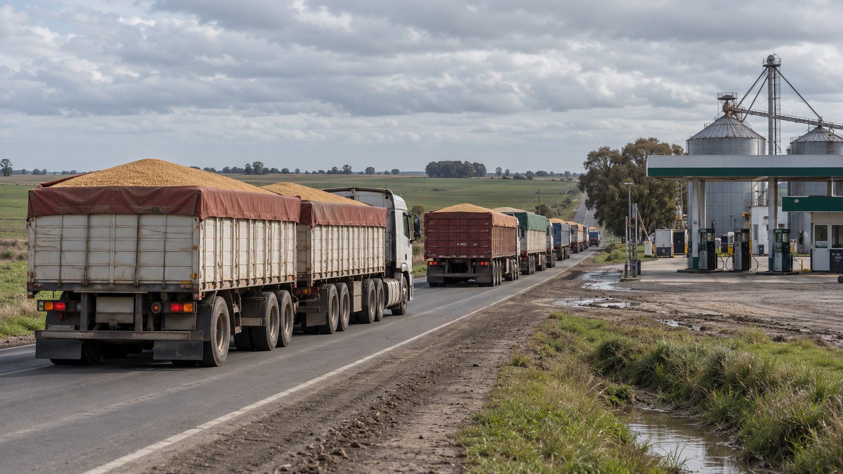 Ilustración editorial generada con IA: una fila de camiones cerealeros con acoplado, cargados de granos, avanza por una ruta de la pampa junto a una estación de servicio rural y silos, bajo un cielo nublado; composición conceptual, no es una fotografía de un lugar real.