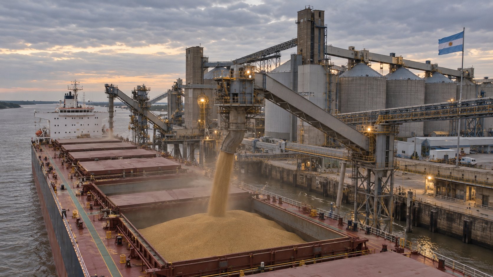 Ilustración editorial generada con IA: un buque granelero recibe granos desde los brazos de carga de una terminal agroexportadora con silos sobre el río Paraná, con una bandera argentina en lo alto, al atardecer; composición conceptual, no es una fotografía de una terminal real.