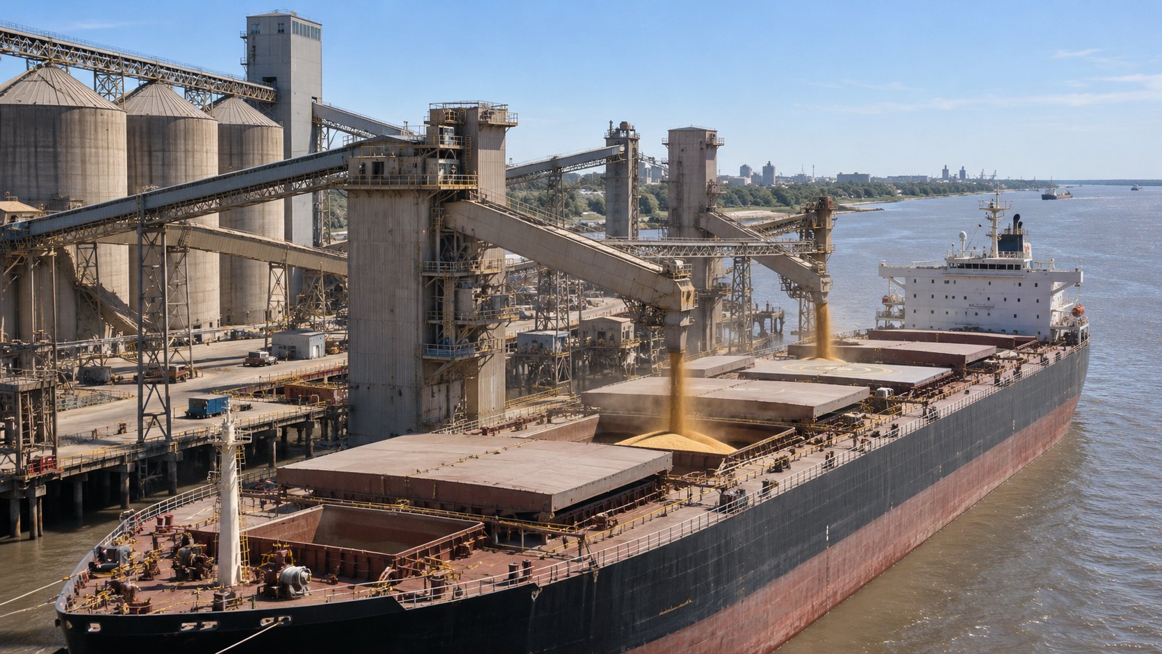 Ilustración editorial generada con IA: un buque granelero carga maíz amarillo desde las cintas transportadoras de una terminal con silos sobre el río Paraná, en el Gran Rosario, a media mañana; composición conceptual, no es una fotografía de una terminal real.